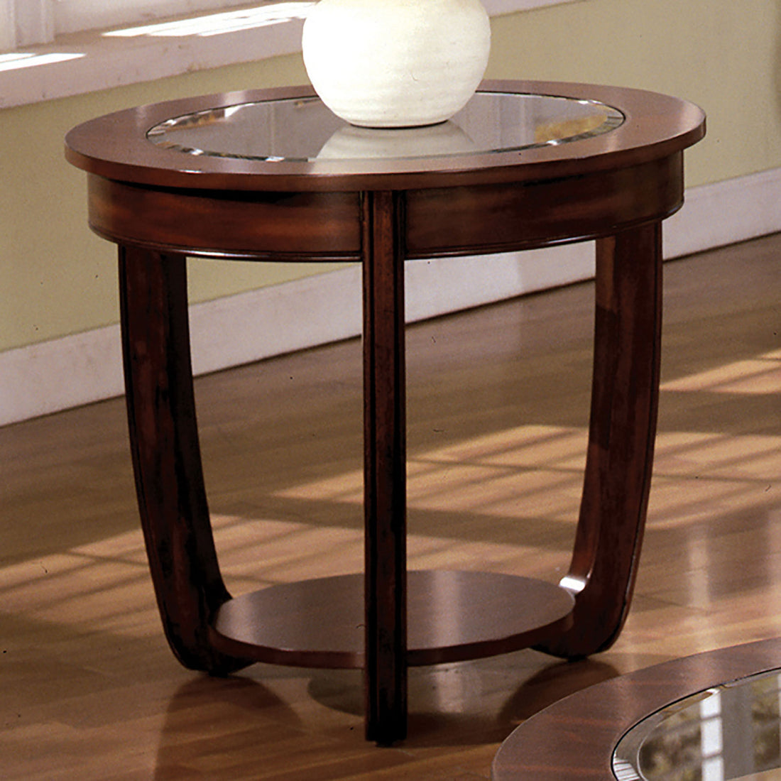 Dark Cherry 1Pc End Table Open Bottom Shelf Round Design Glass Insert Top Living Room Furniture Brown,Cherry Brown Primary Living Space Classic,Contemporary,Luxury,Traditional Rubberwood Open