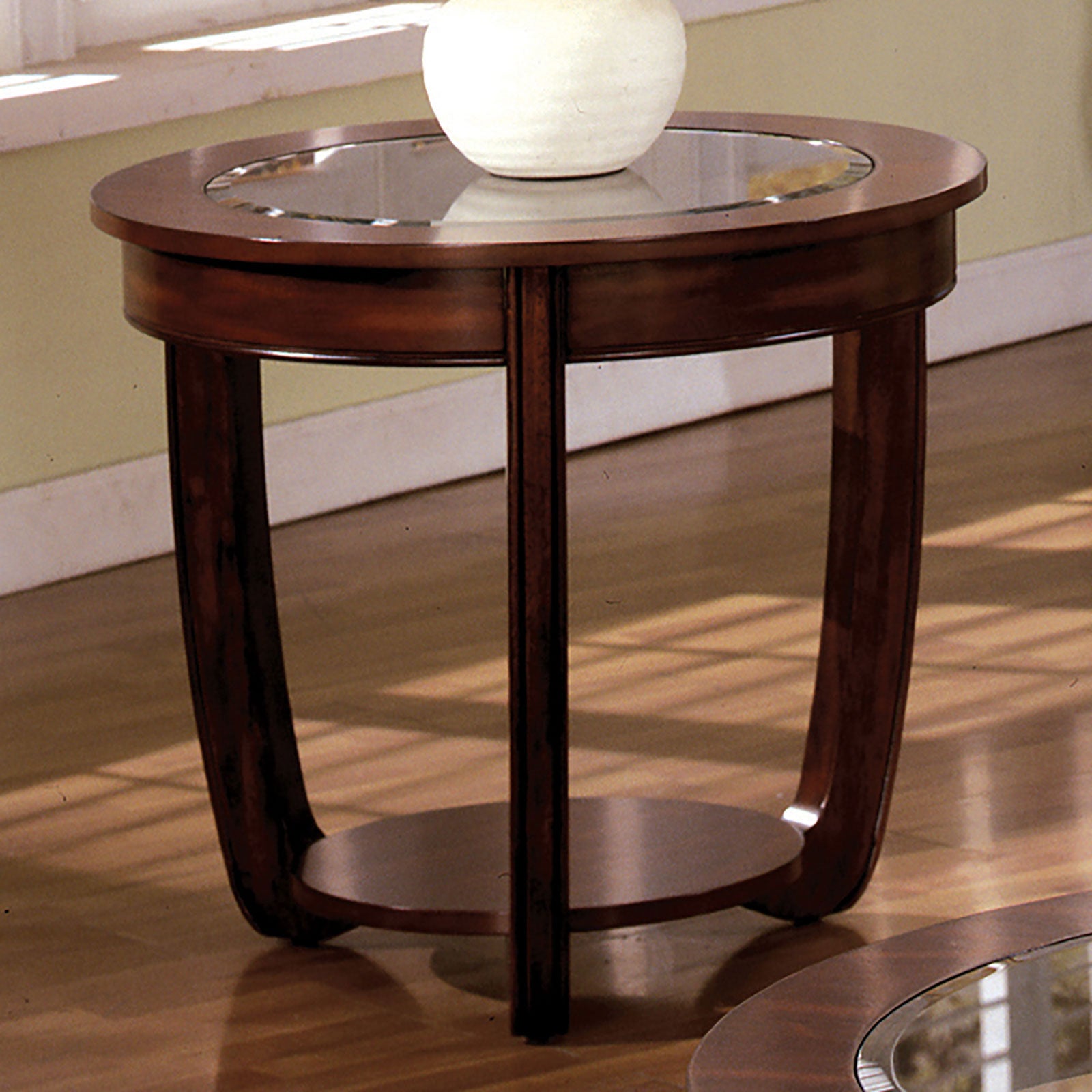 Dark Cherry 1Pc End Table Open Bottom Shelf Round Design Glass Insert Top Living Room Furniture Brown,Cherry Brown Primary Living Space Classic,Contemporary,Luxury,Traditional Rubberwood Open
