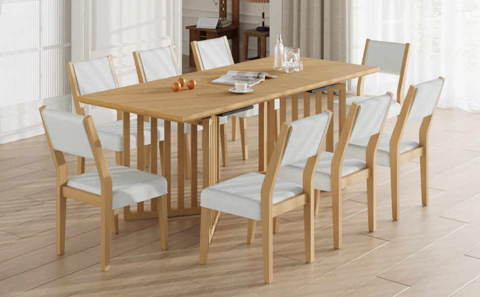 Farmhouse 9 Piece 83.9Inch Extendable Dining Table Set With 2 12 Inch Removable Leaves And 8 Upholstered Dining Chairs, Natural Wood Dining Room Solid Wood Rubberwood Rectangular Dining Table With Chair Upholstered Chair Wood Natural Seats 8 Removable