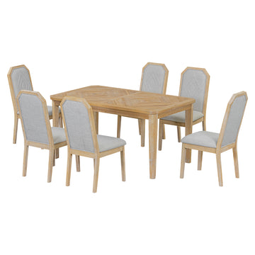 7 Piece Farmhouse Dining Set Classic Rustic Table And 6 High Back Design Chairs For Dining Room, Kitchen Natural Wood Wash Natural Wood Wash Solid Wood Mdf