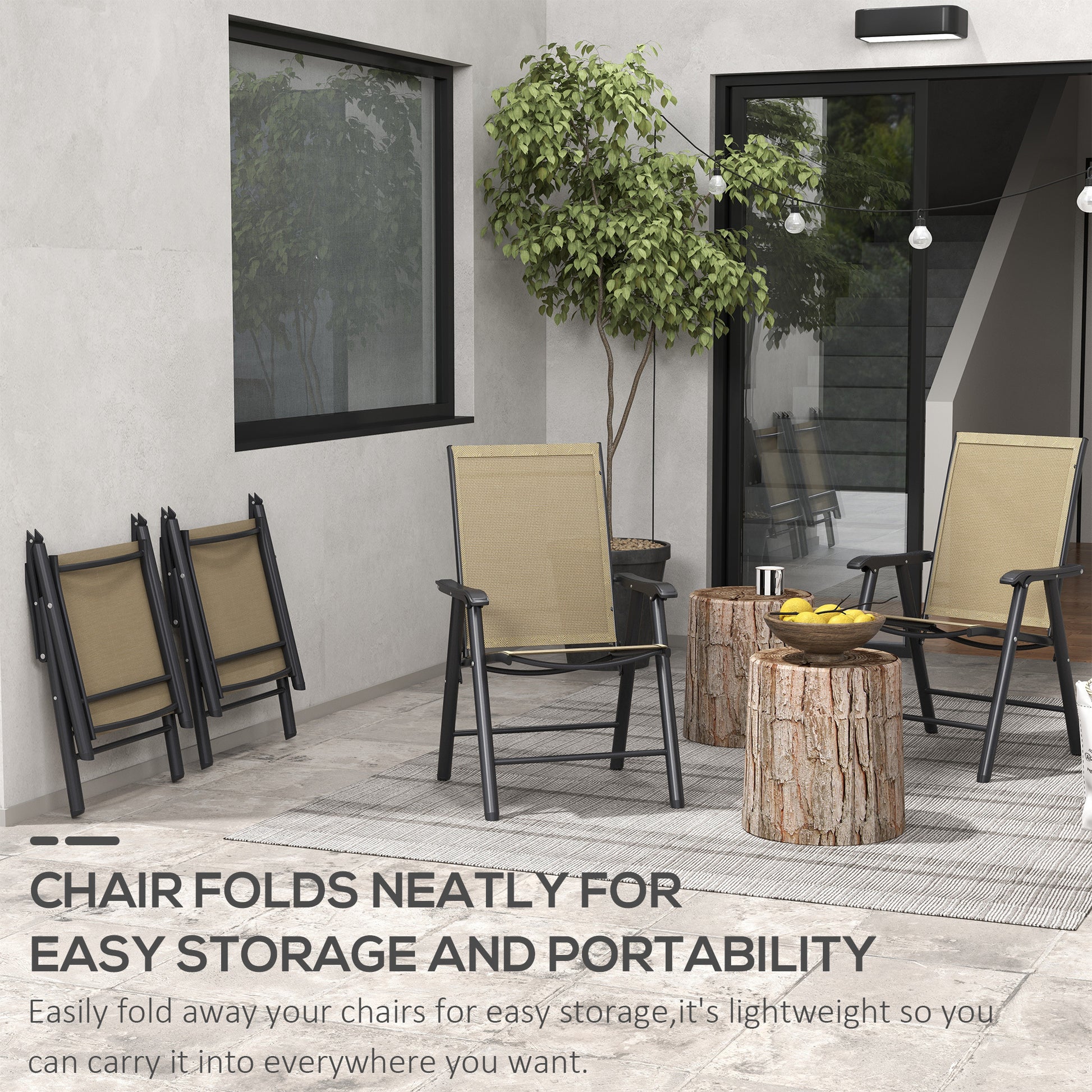 Outsunny Set Of 4 Patio Folding Chairs, Stackable Outdoor Sling Patio Dining Chairs With Armrests For Lawn, Camping, Dining, Beach, Metal Frame, No Assembly, Light Mixed Brown Brown Steel