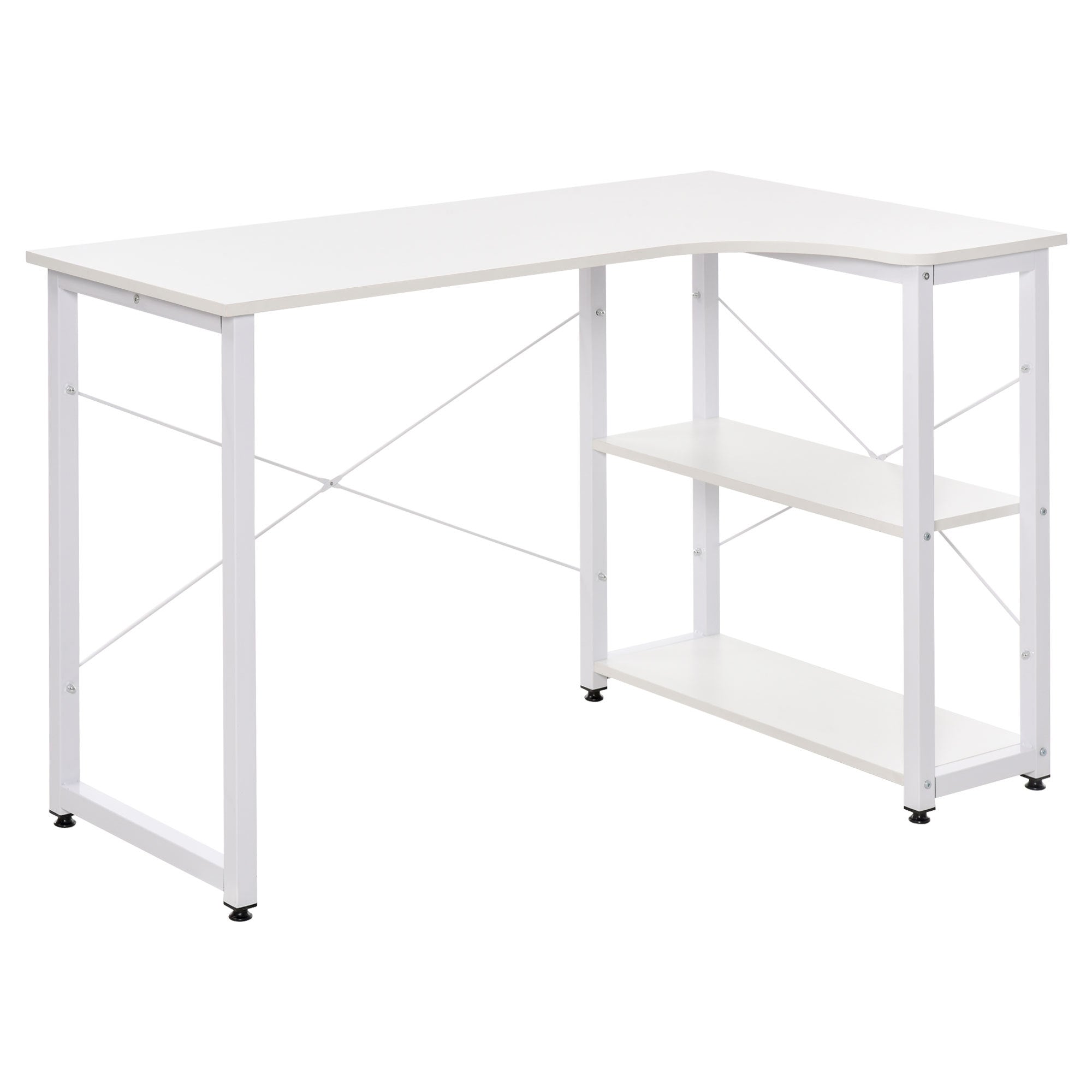 Homcom Industrial L Shaped Computer Desk With 2 Side Shelves And Steel Frame, Corner Desk, Study Workstation For Home Office, White White Engineered Wood