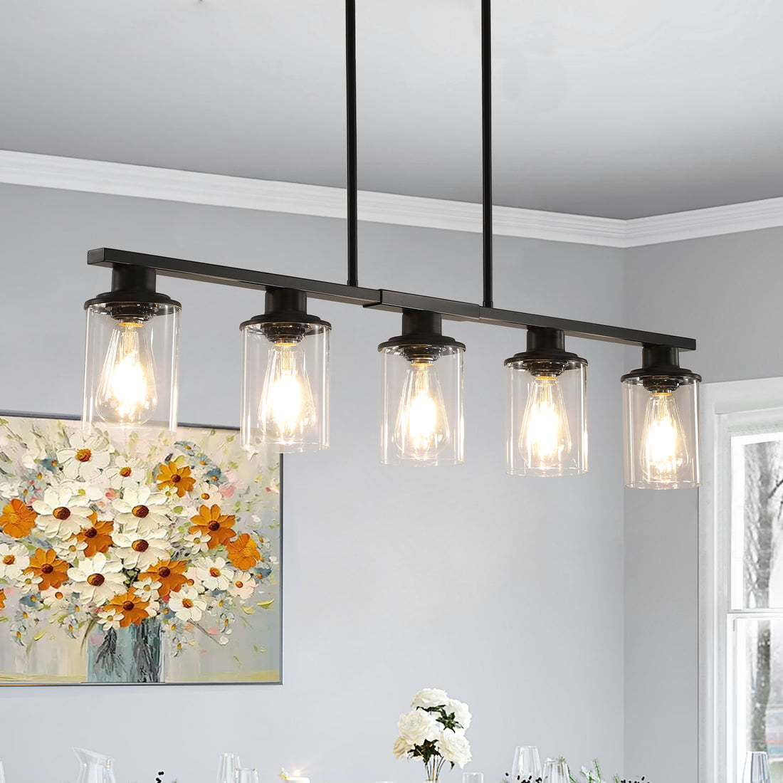 Modern Industrial 5 Light Chandelier With Clear Glass Shades, Matte Black Metal Frame Hanging Ceiling Light Fixture For Dining Room, Kitchen Island, Living Room No Bulbs Black Glass,Iron