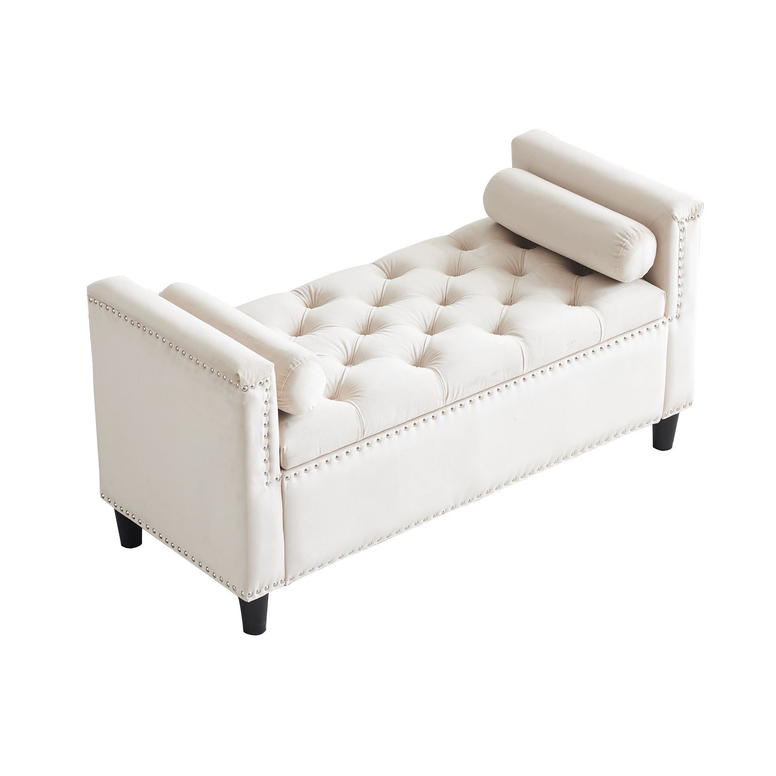 Storage Bench, 44.5 Inch Queen Velvet Button Bedside Bench, Entryway Living Room With Armrests, Trim, Upholstered Bedroom Bench, Bedside Ottoman, Living Room, Entryway, Cream Armrest Cream White White Velvet Primary Living Space Solid Black Modern Wood