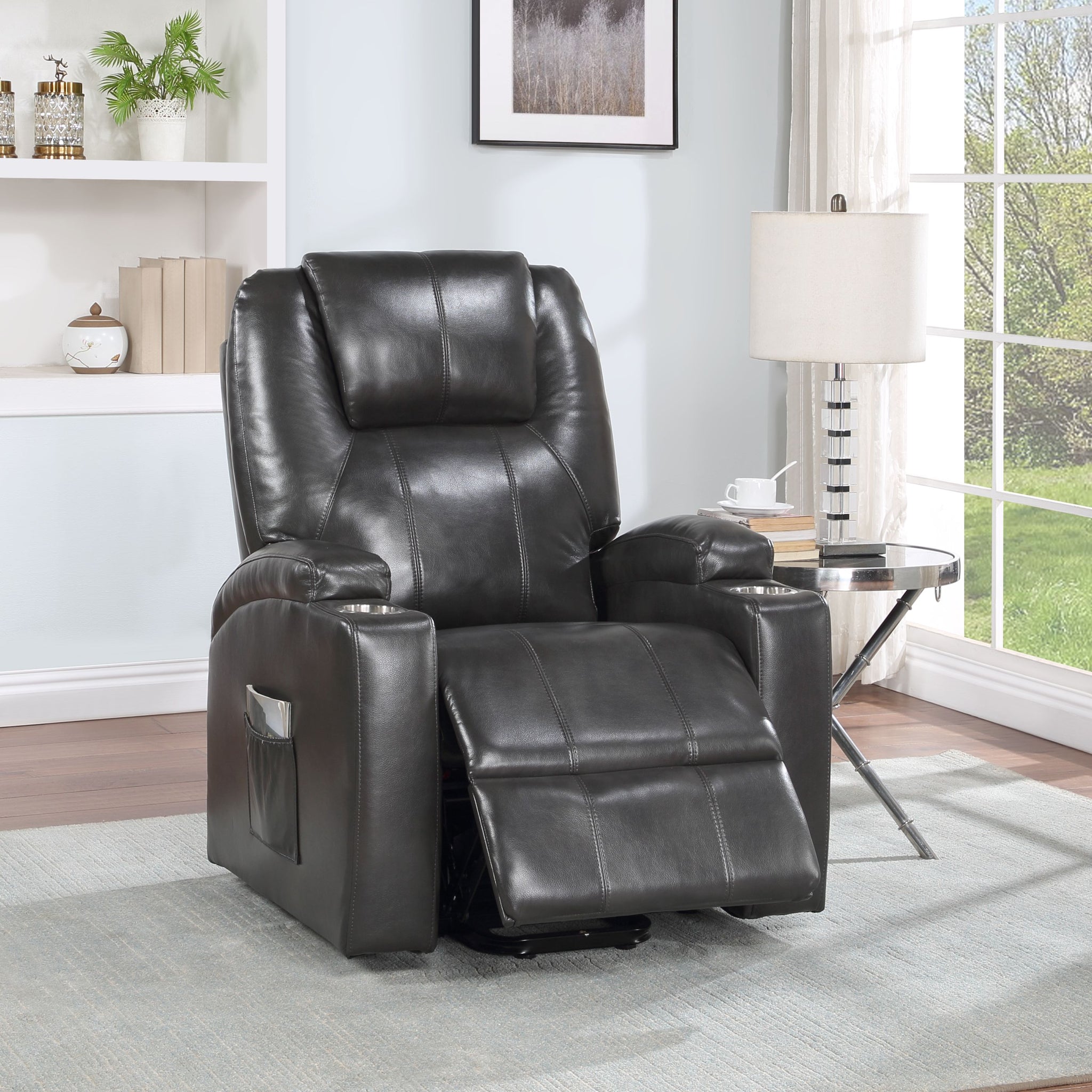 Evander Recliner W Power Lift, Gunmetal Leather Aire Lv02182 Black Leather