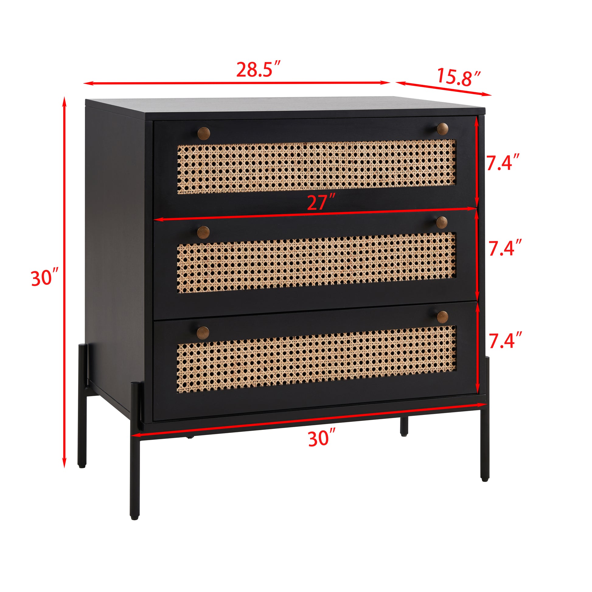 Rattan Storage Cabinet With 3 Large Drawers, Boho Mid Century Wooden Nightstand Drawer Dresser, Sideboard Buffet Cabinet With Storage For Living Room Dining Room Hallway Bedroom, 30 15.8 30 Inches Black Mdf