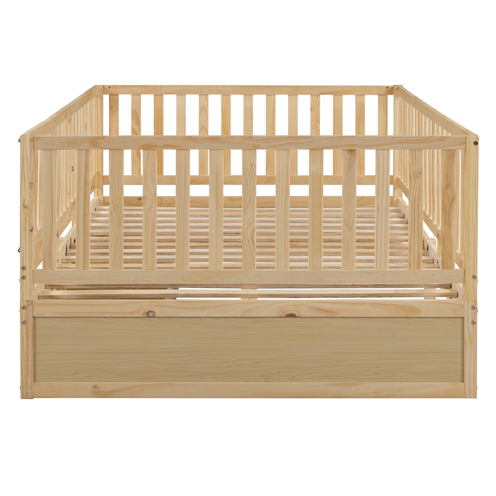 Full Size Wood Daybed With Fence Guardrails And 2 Drawers, Split Into Independent Floor Bed & Daybed, Natural Old Sku :Lp000882Aan Full Natural Solid Wood Mdf