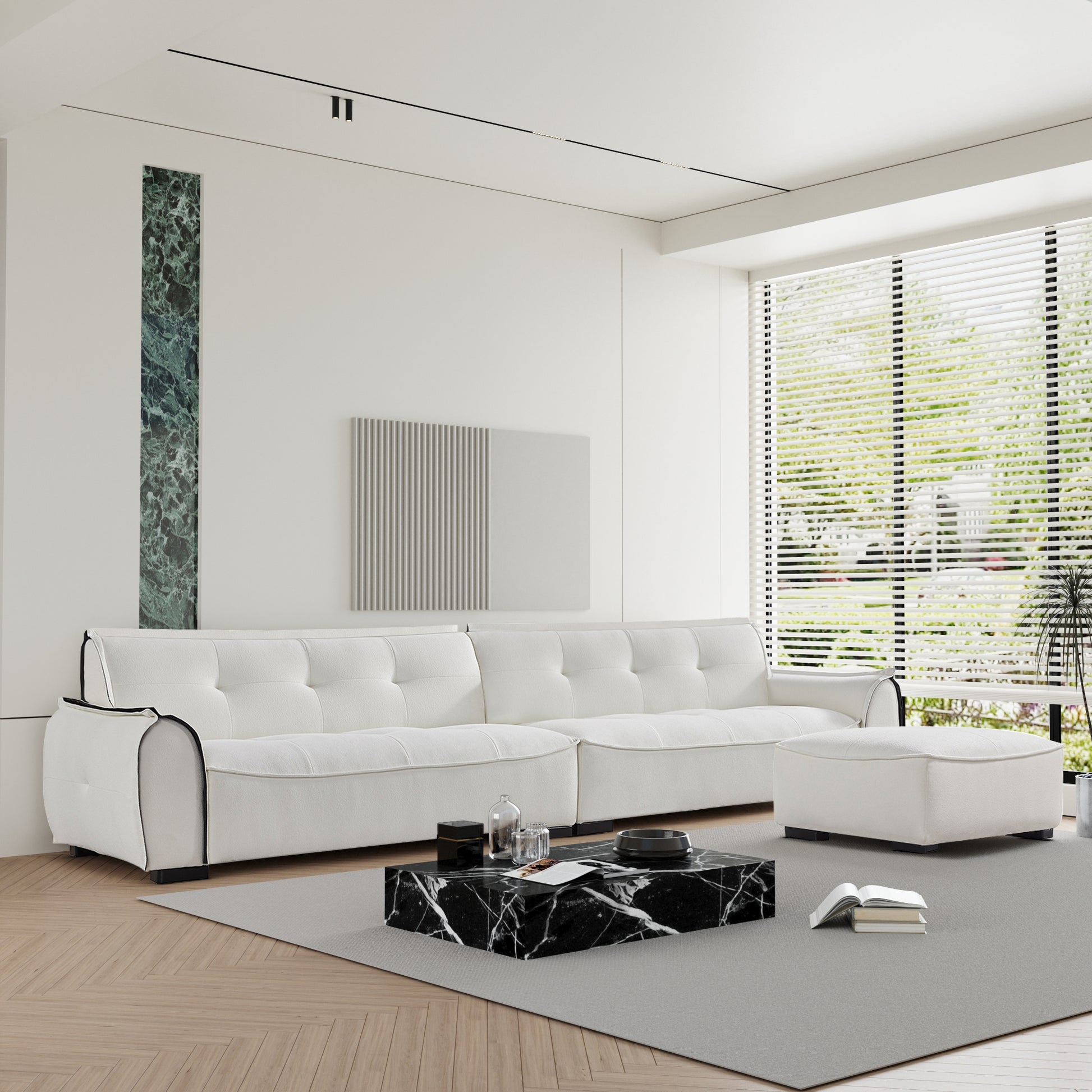 137.80" Chenille Sofa,4 Seater Modern Sofa Couch With Ottoman,Comfy Upholstered Sofa For Living Room White Chenille Wood Eucalyptus Foam 4 Seat