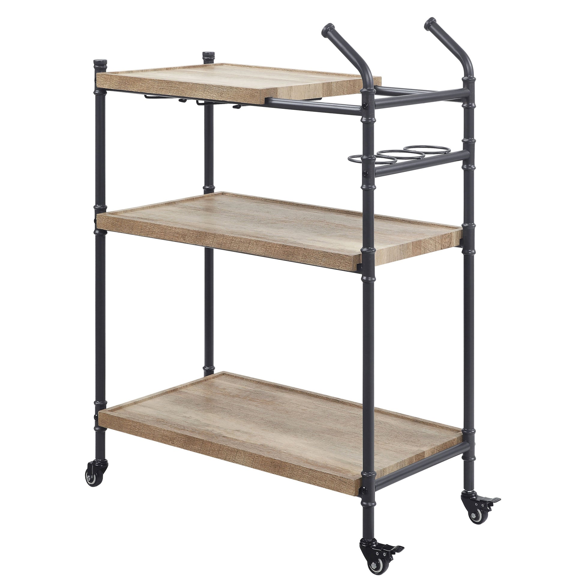 Oak And Sandy Black 2 Shelf Serving Cart Oak Dining Room Industrial,Rustic Kitchen Carts Rubberwood Wood Metal