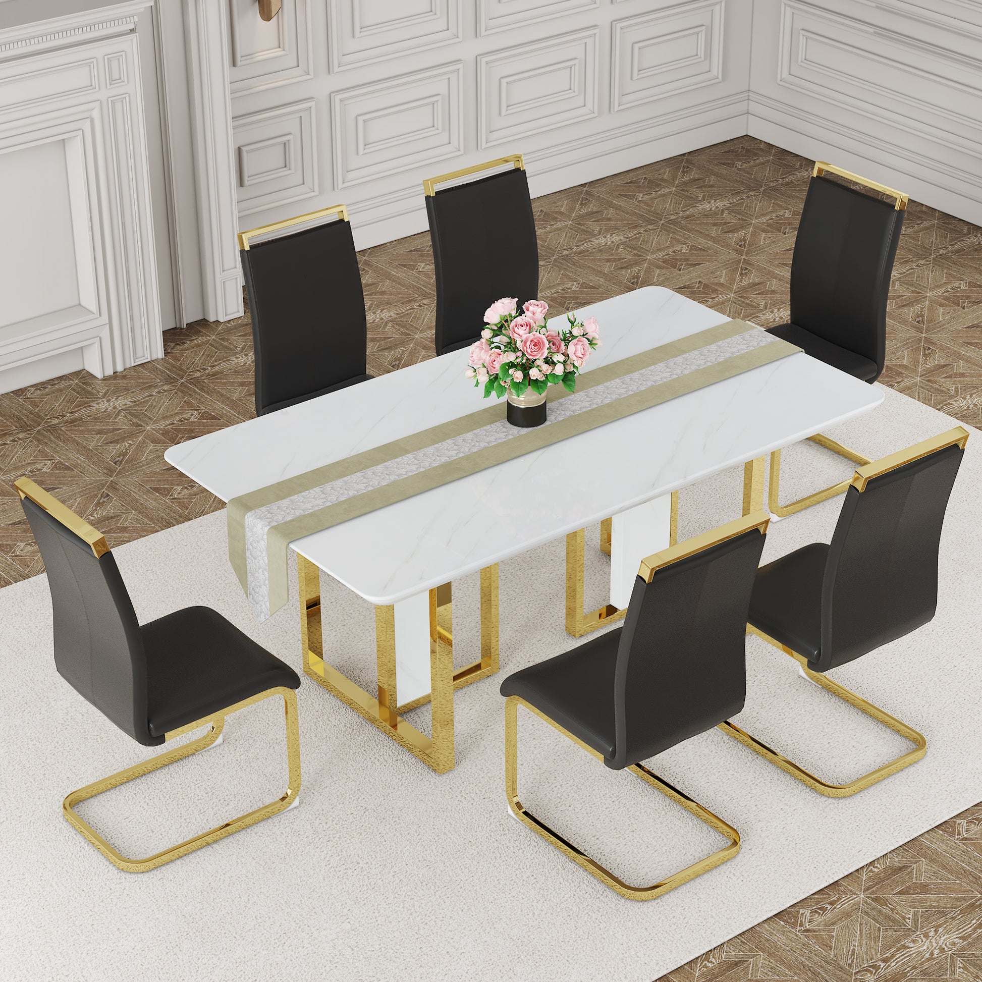 Table And Chair Set.67"X36" White Marble Pattern Mdf Dining Table Set With 6 Black Pu Chairs.Mdf Sticker,White Marble Pattern Sticker,Gold C Tube Chair Legs,Suitable For Kitchen,Dining Room,Etc.