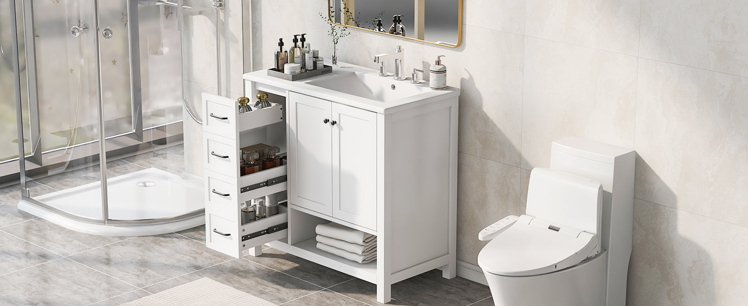 36" Bathroom Vanity With Sink Top, Bathroom Vanity Cabinet With Two Doors And Two Drawers, Solid Wood, Open Shelf, Mdf Boards, One Package, White White Solid Wood Mdf