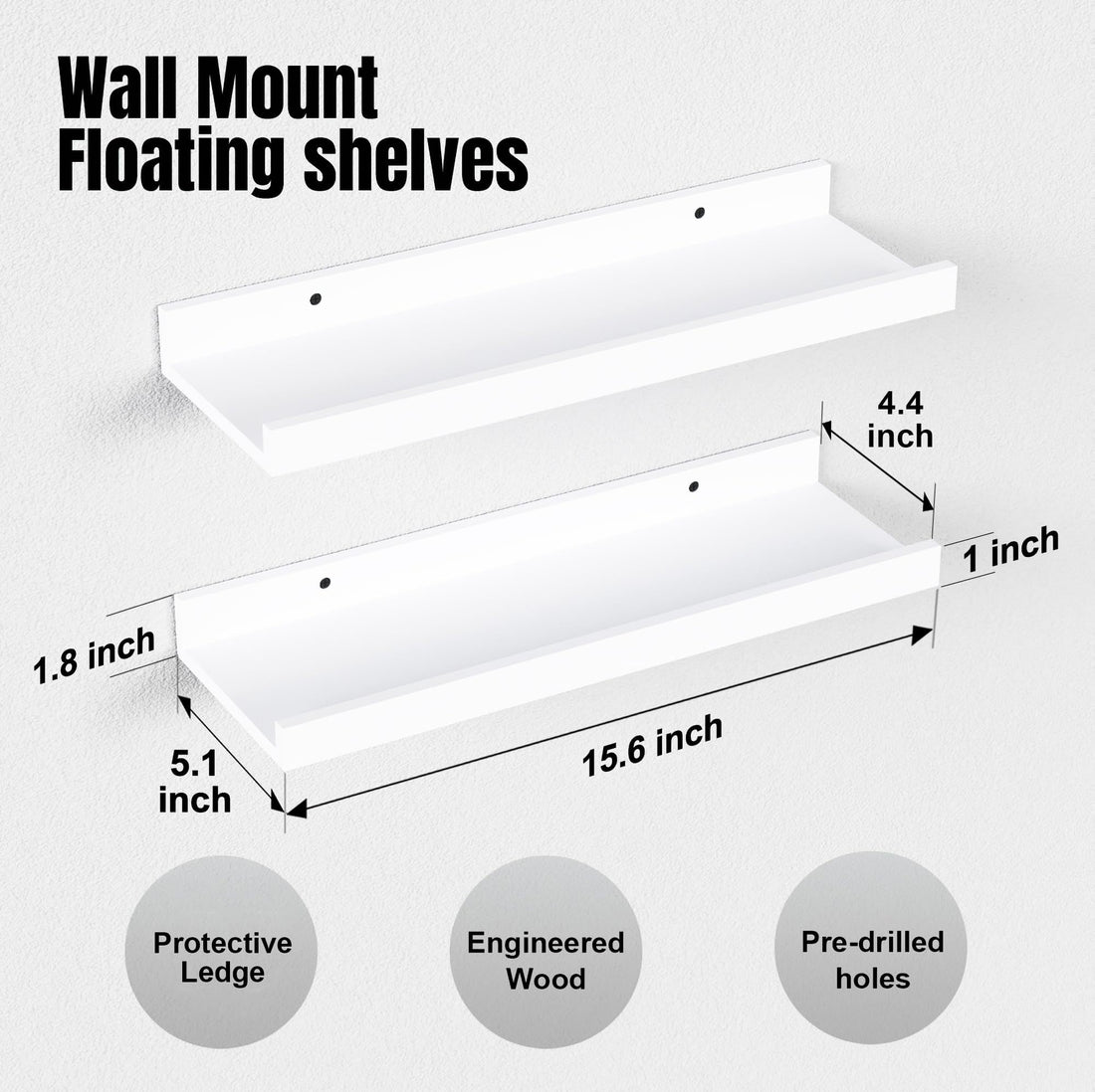 Floating Shelves Wall Mounted Set Of 2, Modern White Shelves For Room White Engineered Wood