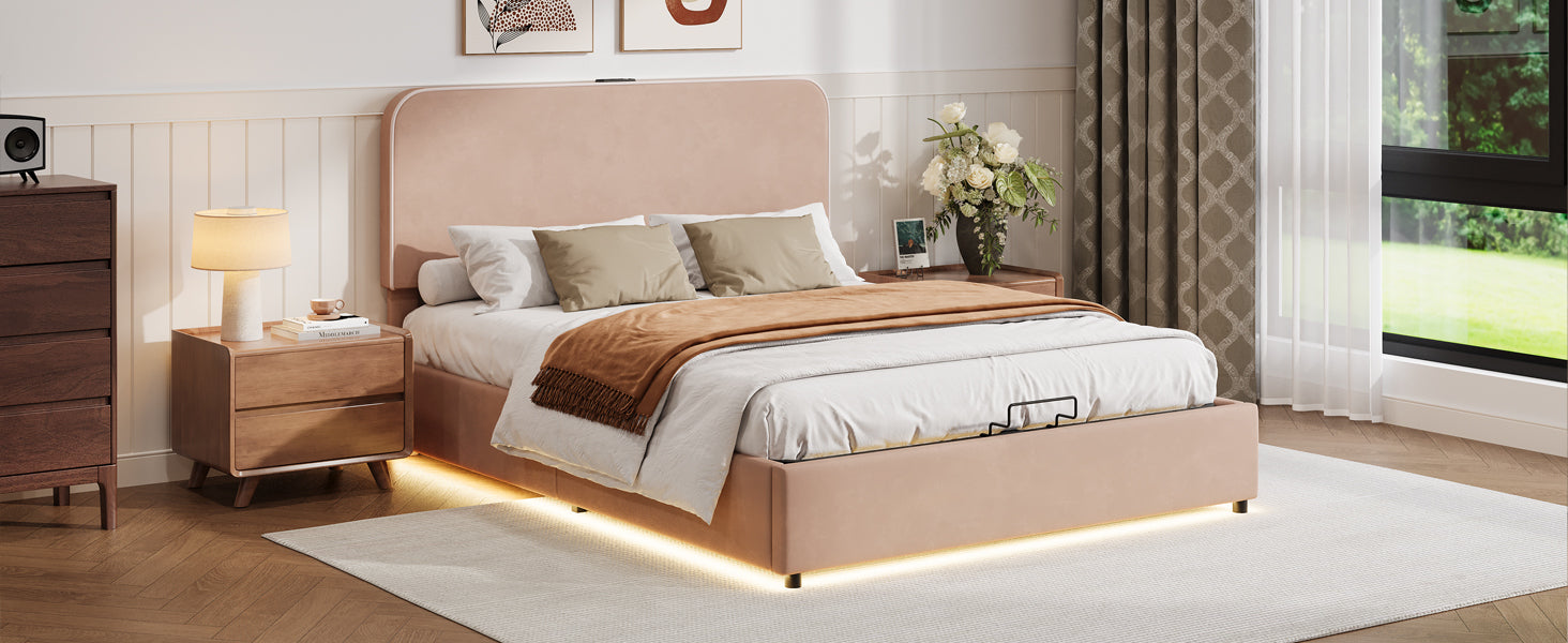 Upholstered Platform Queen Size Hydraulic Storage Bed, Lift Up Storage Bed With Rgb Led Light, Bluetooth Speaker, No Box Spring Needed, Lychee Velvet,Pink Queen Pink Velvet Fabric Metal