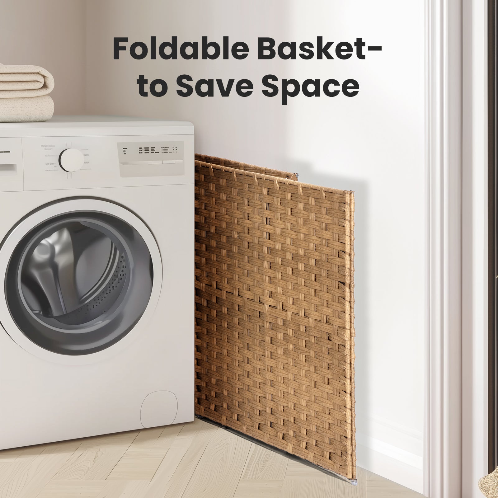 Laundry Basket With Lid, 110 L Hand Woven Pp Rattan Laundry Basket With Compartments & Handles, Foldable, Removable Liner Yellow Polyethylene