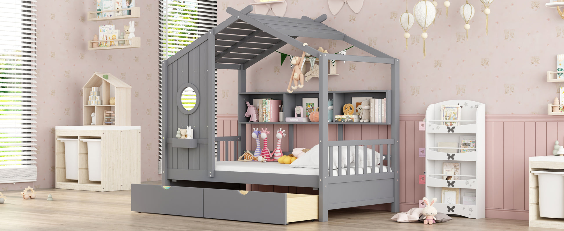 Wooden Twin Size House Bed With 2 Drawers,Kids Bed With Storage Shelf, Gray Twin Gray Solid Wood