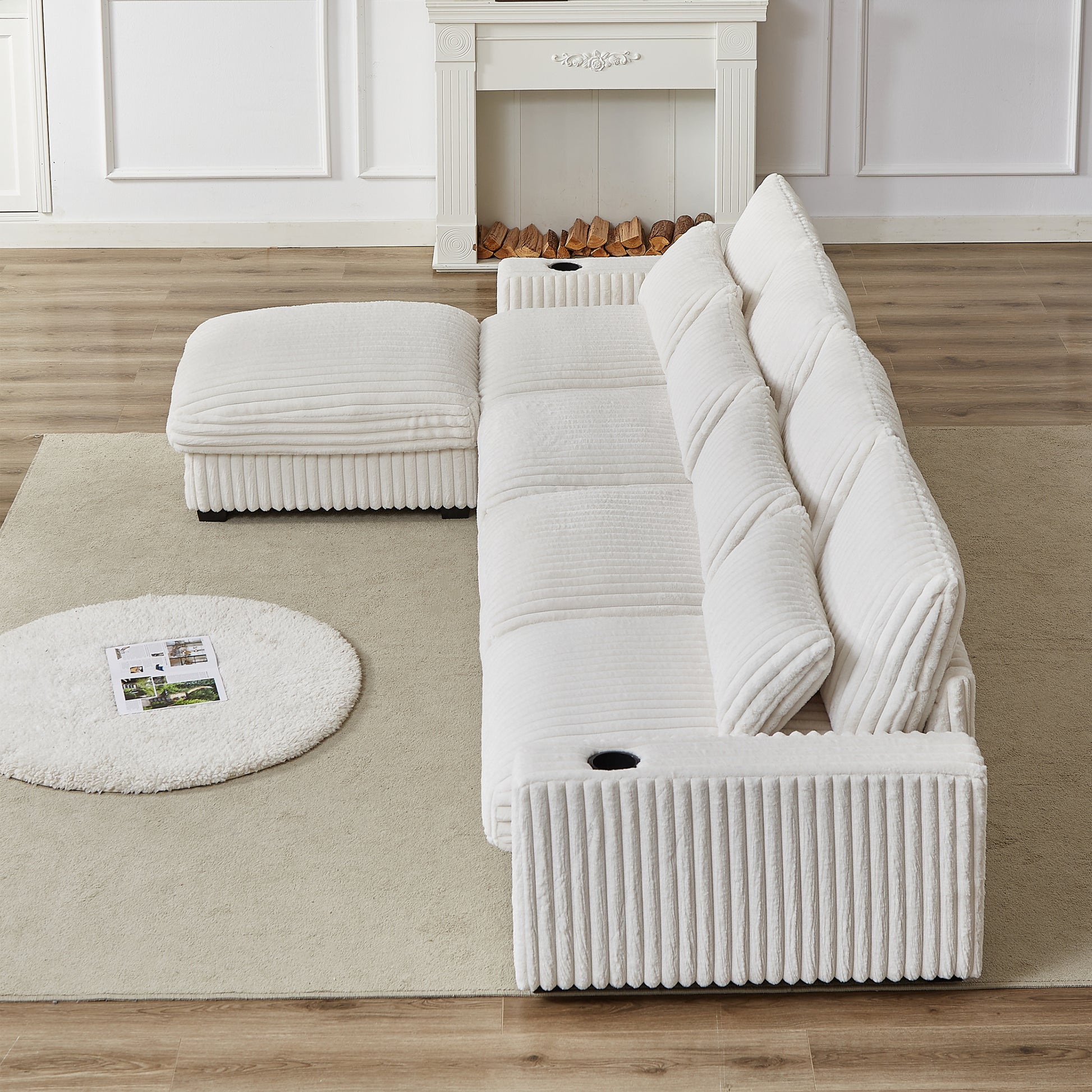 128 Inch Corduroy With Cup Holder Super Large L Shaped Sofa, Movable Footrest, Four Waist Pillows And Four Back Cushion, With Usb Port And T Pyce Port Beige Corduroy 3 Seat