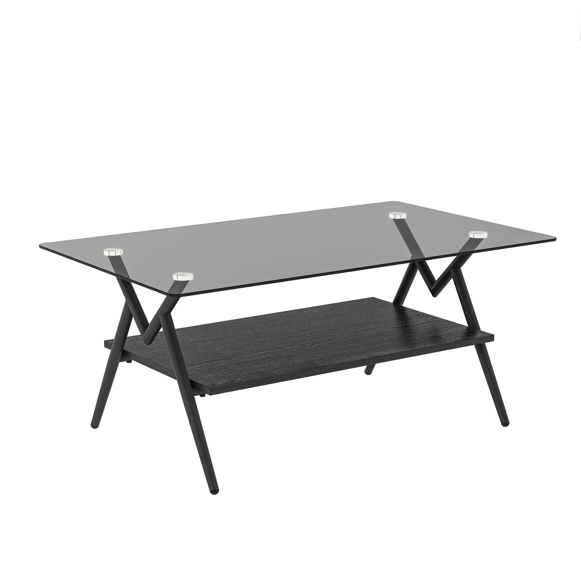 Rectangle Coffee Table With Tempered Glass Top And Black Mdf Shelf, Modern Table For Living Room, Gray Glass Gray Tempered Glass