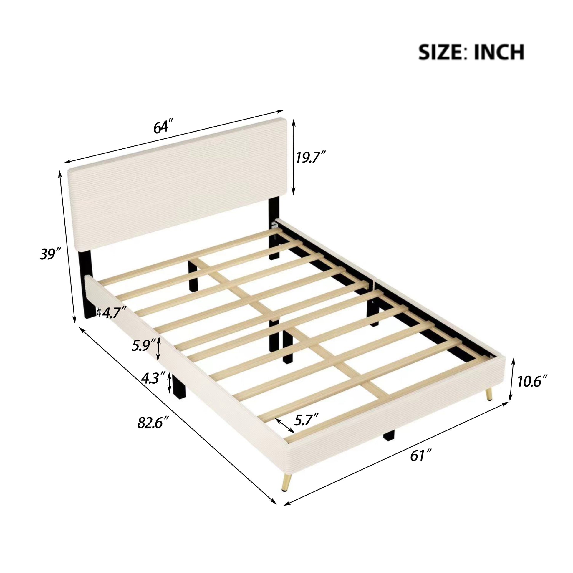 Queen Size Corduroy Upholstered Bed Frame, Platform Bed With Horizontal Stripe Headboard, No Box Spring Needed, Beige Queen Beige Bed Frame Solid Wood Mdf