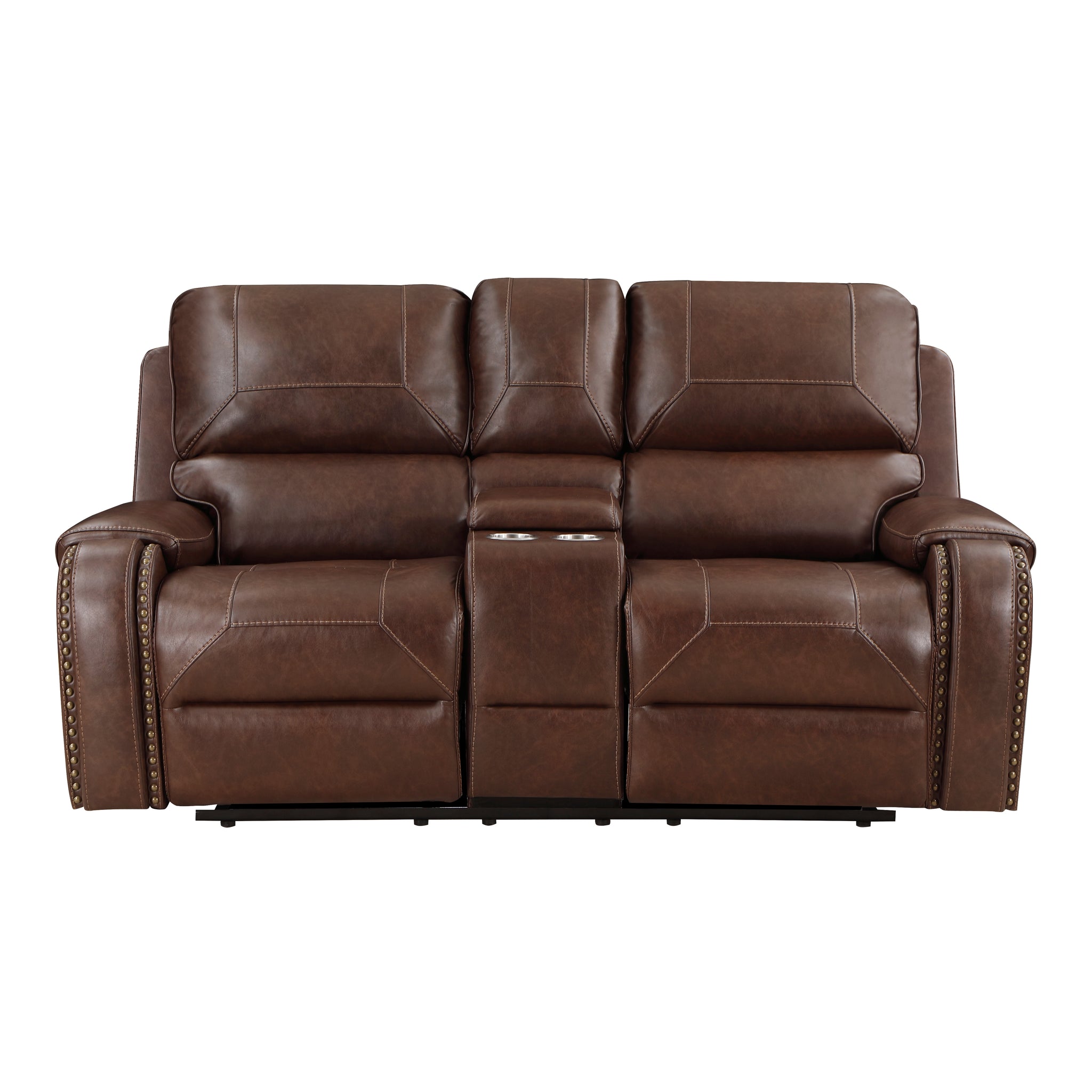 Double Glider Reclining Brown Beautiful Seat With Center Console, Receptacles And Usb Ports,Faux Leather Upholstered Traditional Trim 1Pc Modern Living Room Furniture Brown Faux Leather Wood Primary