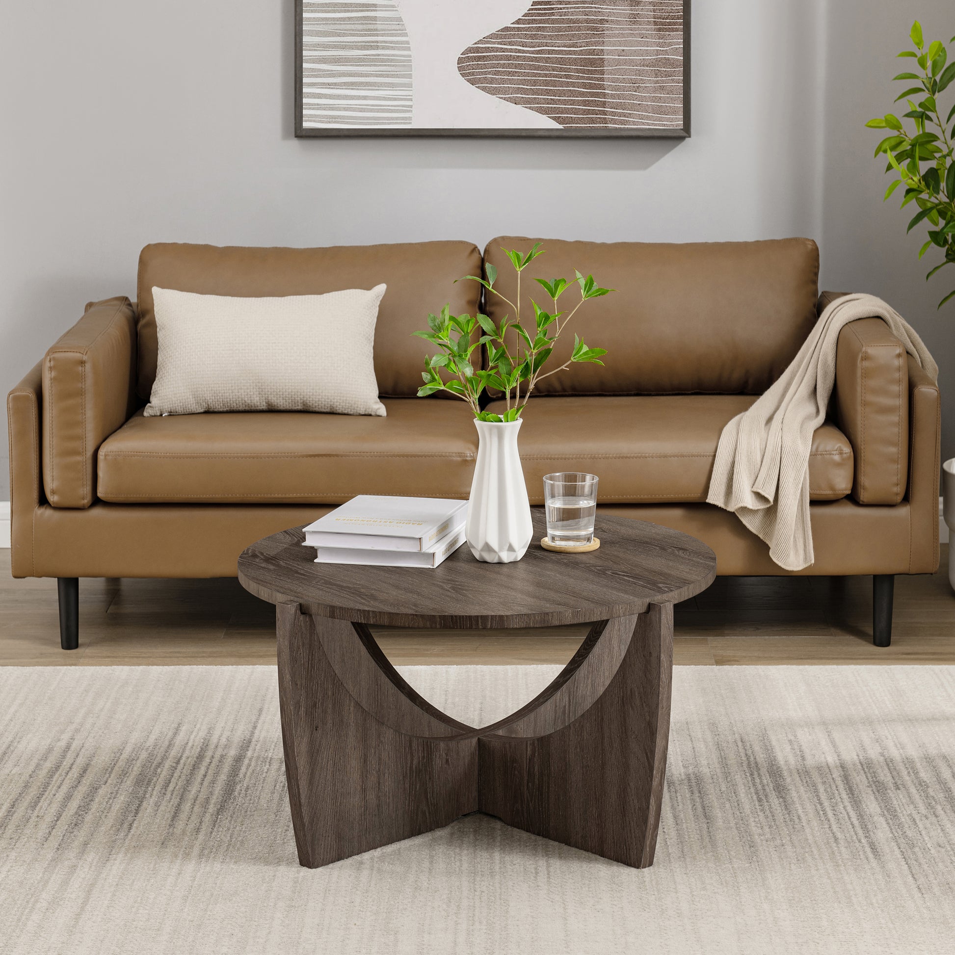 Contemporary Open Arch Base Round Coffee Table Cerused Ash Dark Gray Mdf Mdf