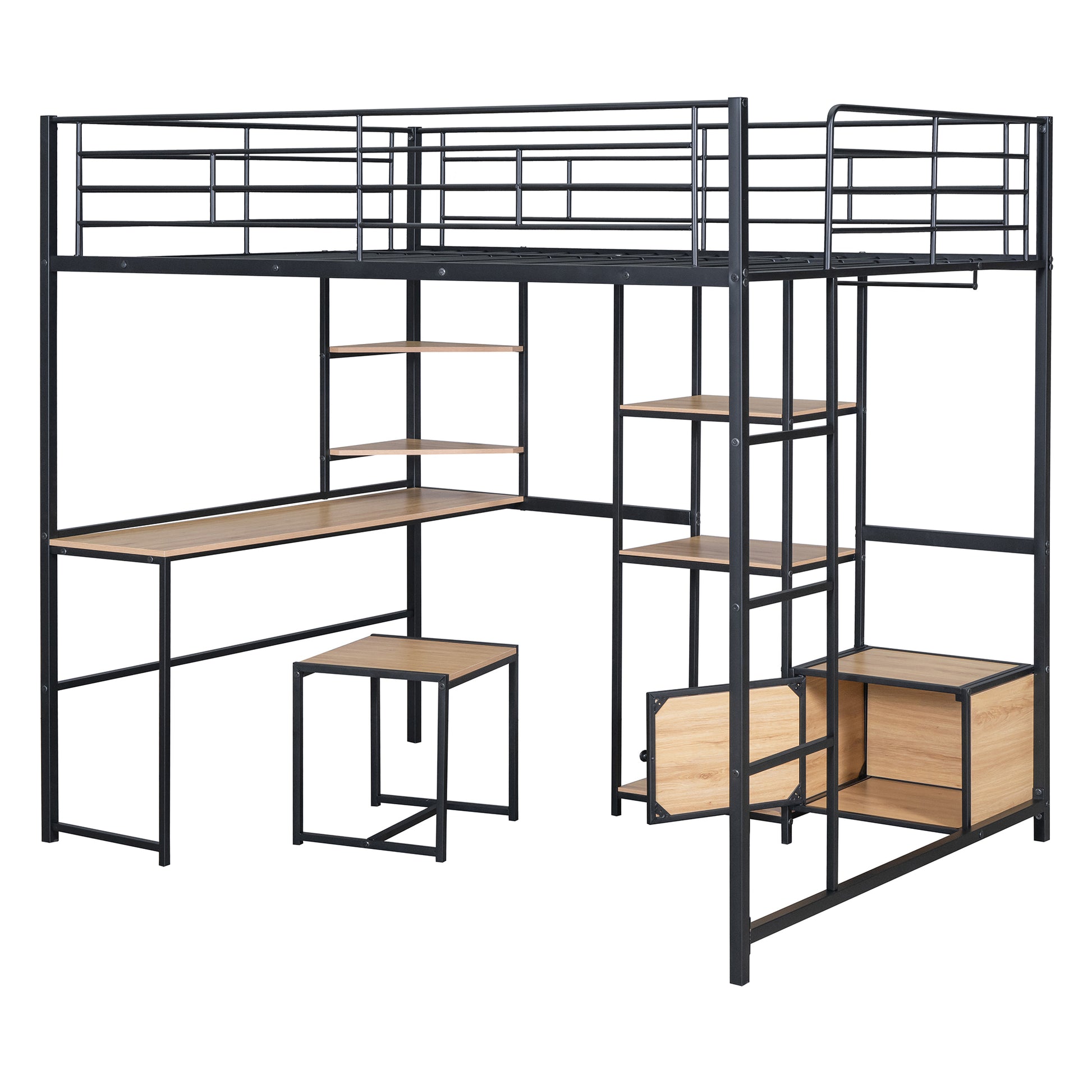 Full Size Loft Bed With Desk And Stool, Metal Loft Bed With Open Style Wardrobe, Shelves And Cabinet, Black Full Black Metal & Wood