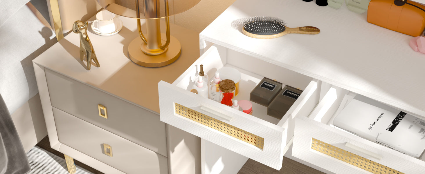 Makeup Vanity With Lights In 3 Colors & Openable Mirror, Vanity Desk With 4 Drawers & 1 Cabinets & Shelves, Vanity Table Rattan Vanity Dresser, For Bedroom Sliding White Drawer 3 Drawers Bedroom Extra Deep Drawers Mdf