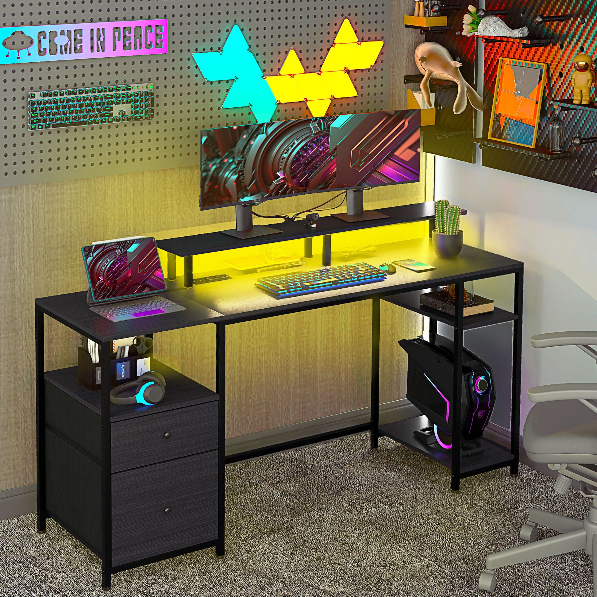 Homcom 61" Computer Desk With Led Lights, Power Outlets, And Usb Ports, Gaming Desk With Storage Shelves, Monitor Stand, Fabric Drawers & Remote For Home Office Study, Distressed Black Black Particle Board