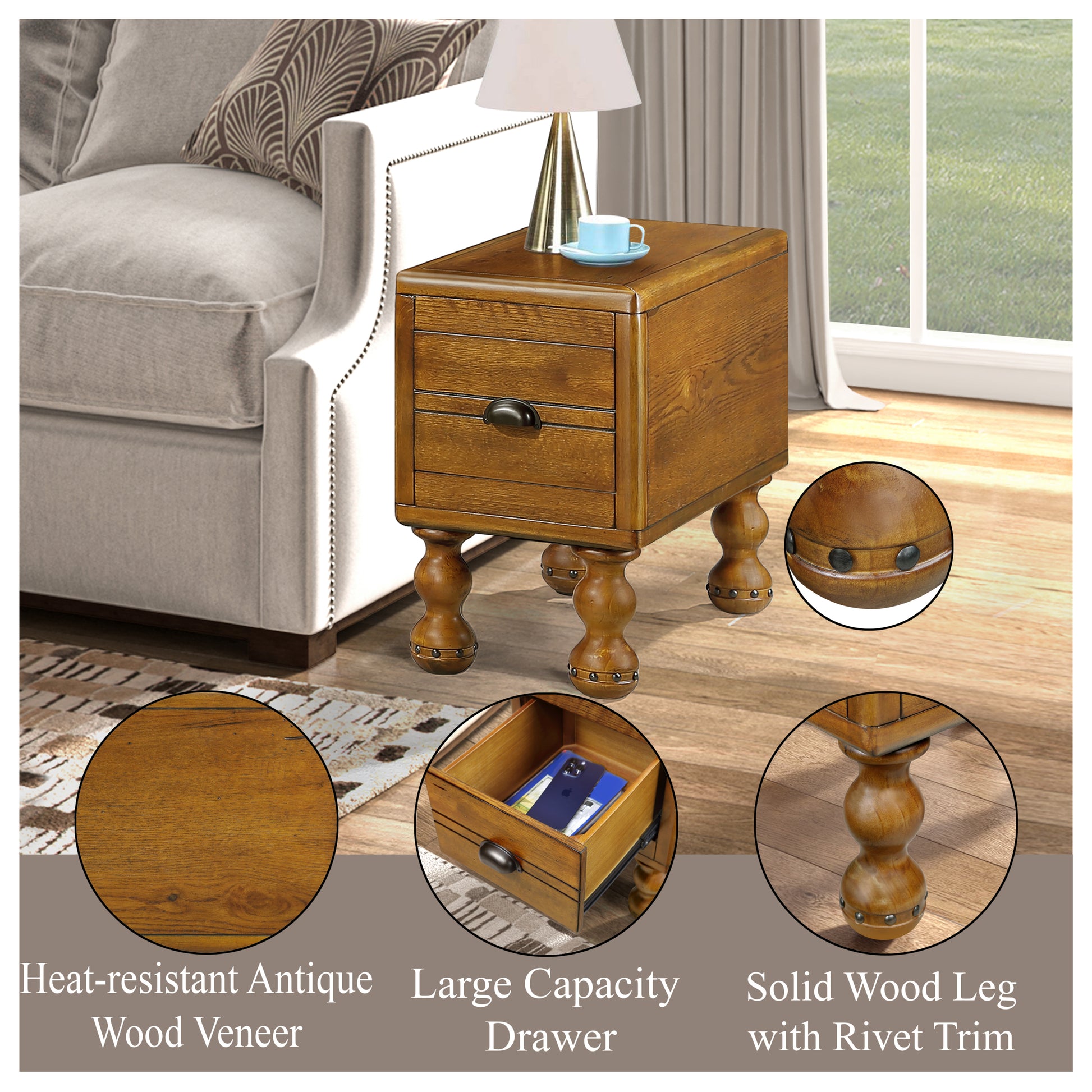 Solid Wood End Table, Rectangle 23.6 Inch Narrow Side Table With Drawer, Vintage Bedside Table Nightstand For Small Spaces, Living Room, Bedroom, Easy Assembly, Antique Brown Antique Brown Pine