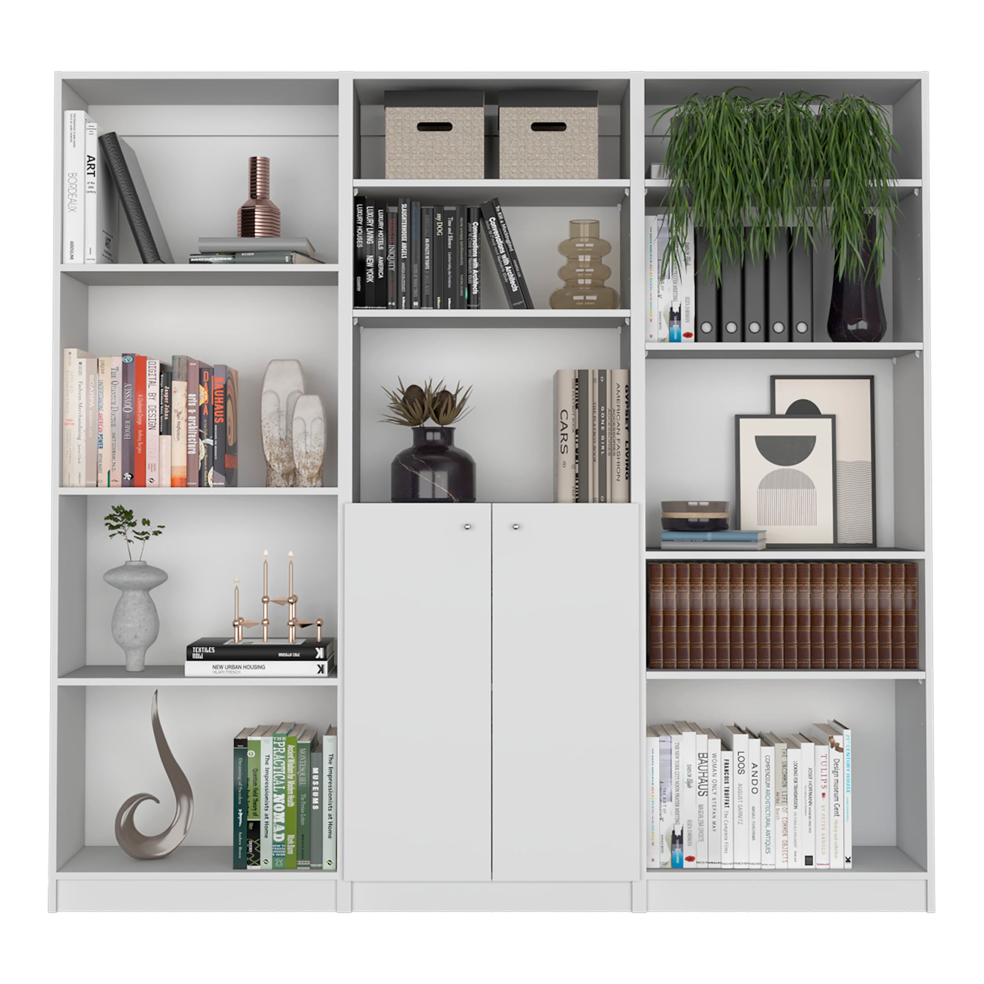 Aynor 3 Piece Home Bookcase Set, 74" Wide With 12 Shelves And 2 Door Cabinetliving Room Set White Freestanding 5 Or More Shelves Matte White White Office Open Storage Space Modern Particle Board