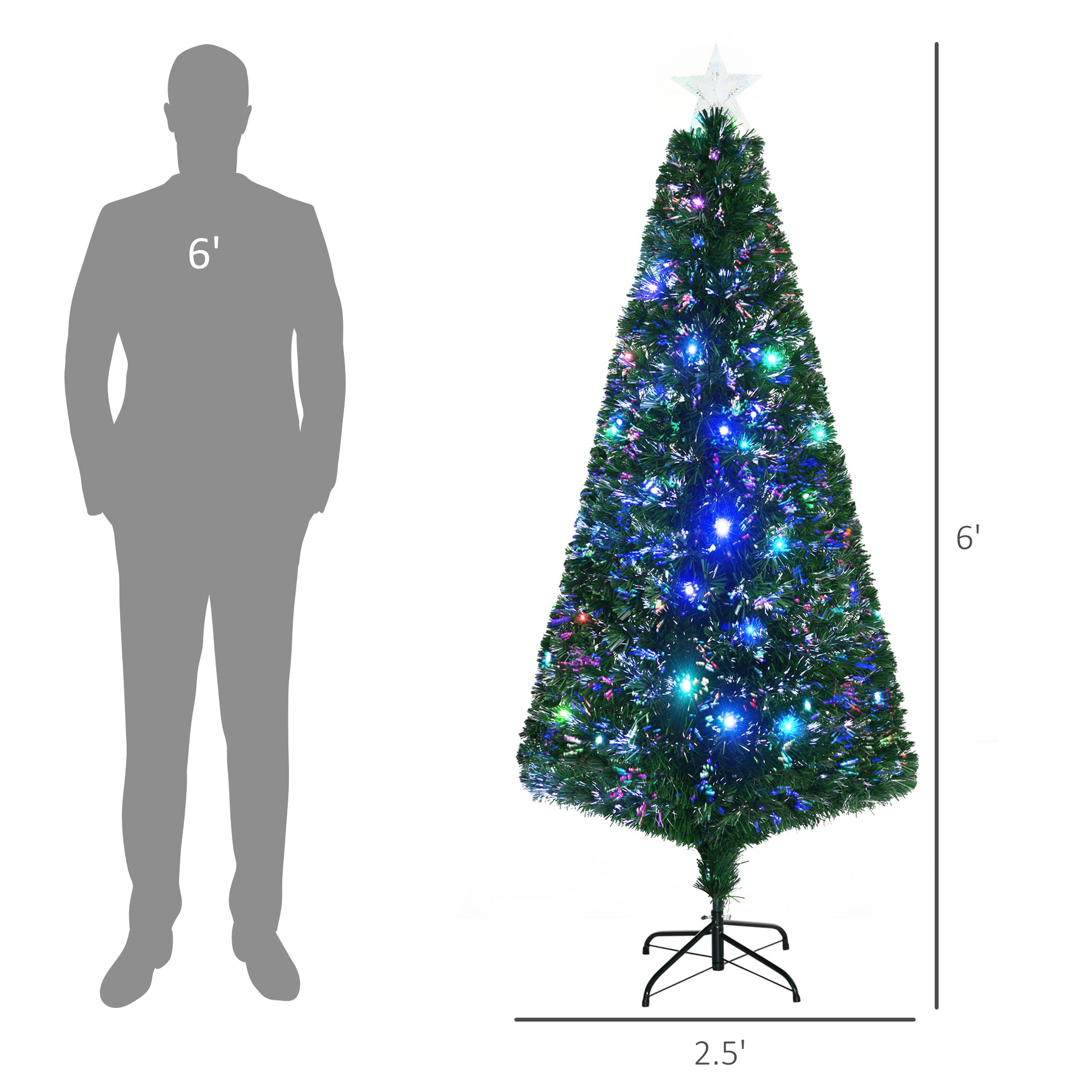 Homcom 6' Tall Douglas Fir Pre Lit Artificial Christmas Tree With Realistic Branches, 24 Multi Color Led Lights, Fiber Optics And 230 Tips Green Plastic