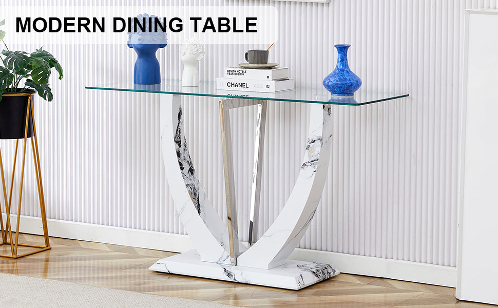 Modern Minimalist Rectangular Glass Table With 0.39 "Tempered Glass Top And Mdf White Patterned Sticker Legs For Entrance And Living Room. Transparent Glass