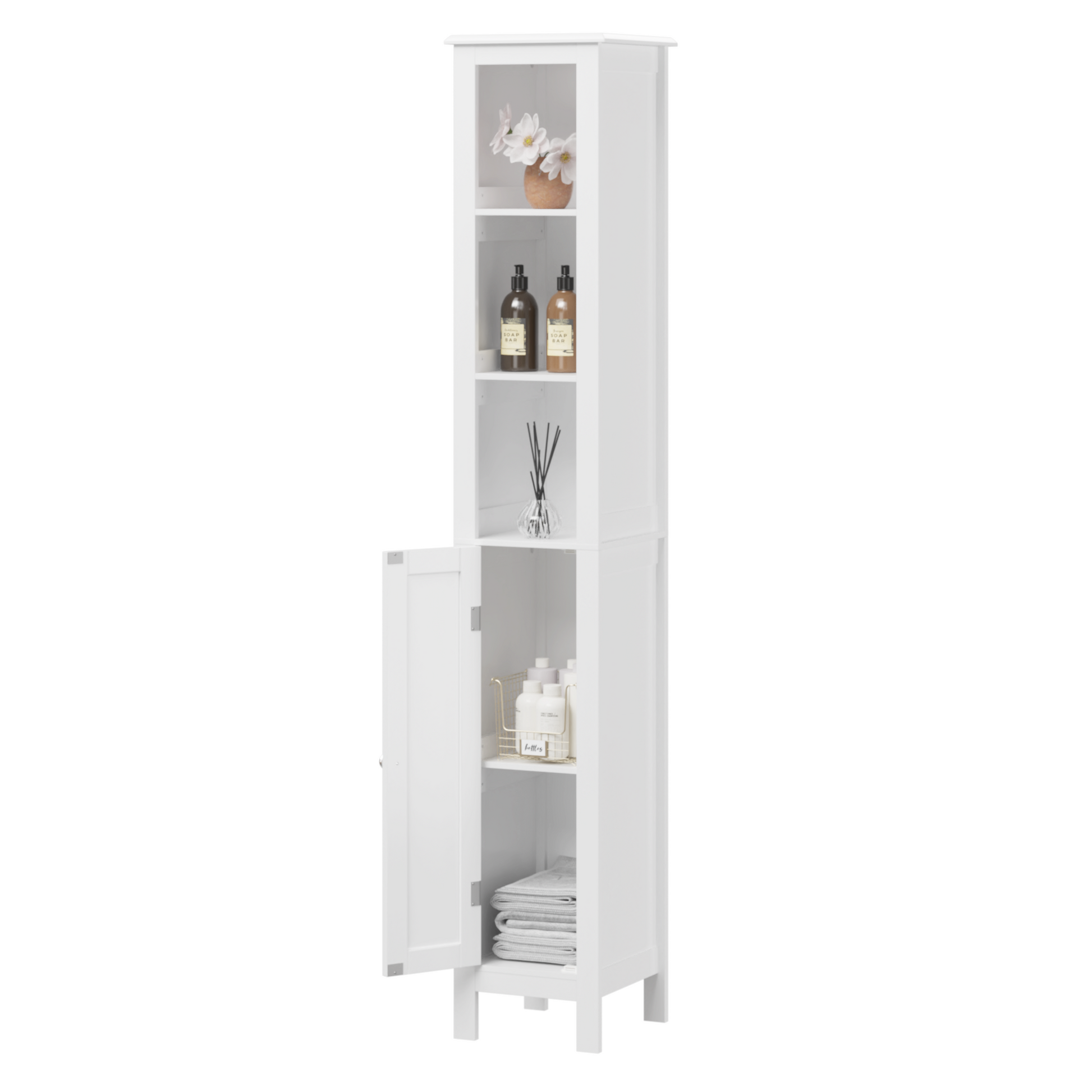 66.92" Tall Bathroom Storage Cabinet With Adjustable Shelves,1 Doors Freestanding Cabinet With Anti Tip, Open Compartments, For Home, Small Spaces, Bathroom,Kitchen, Living Room, White White 1 3 60 In & Above Mdf