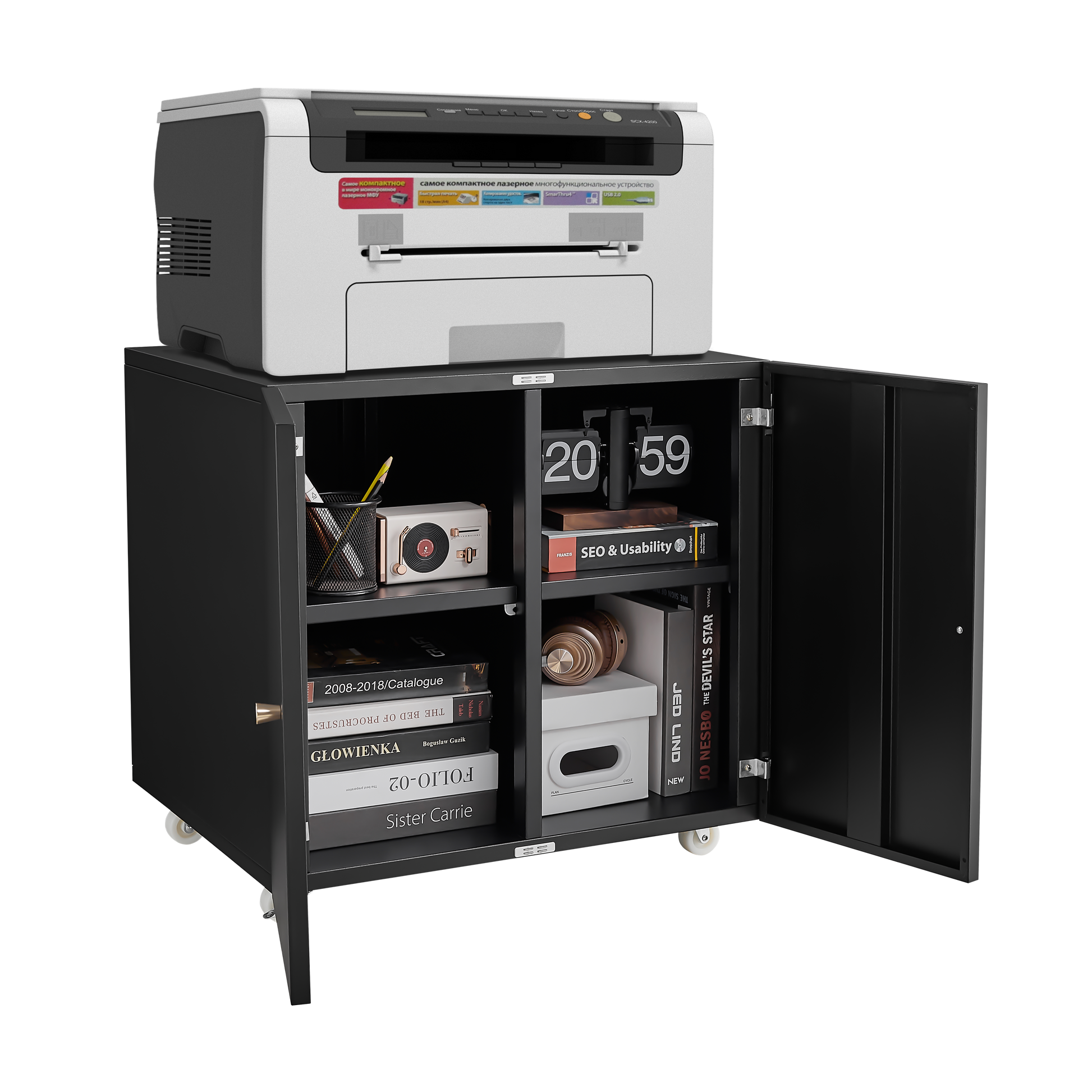 Home Office Printer Stand With Wheels, Printer Tables With File Door Mobile Lateral Filing Cabinet With Open Storage Shelf For Letter Legal A4 Size Files Mobile File Cabinets 1 2 Shelves Powder