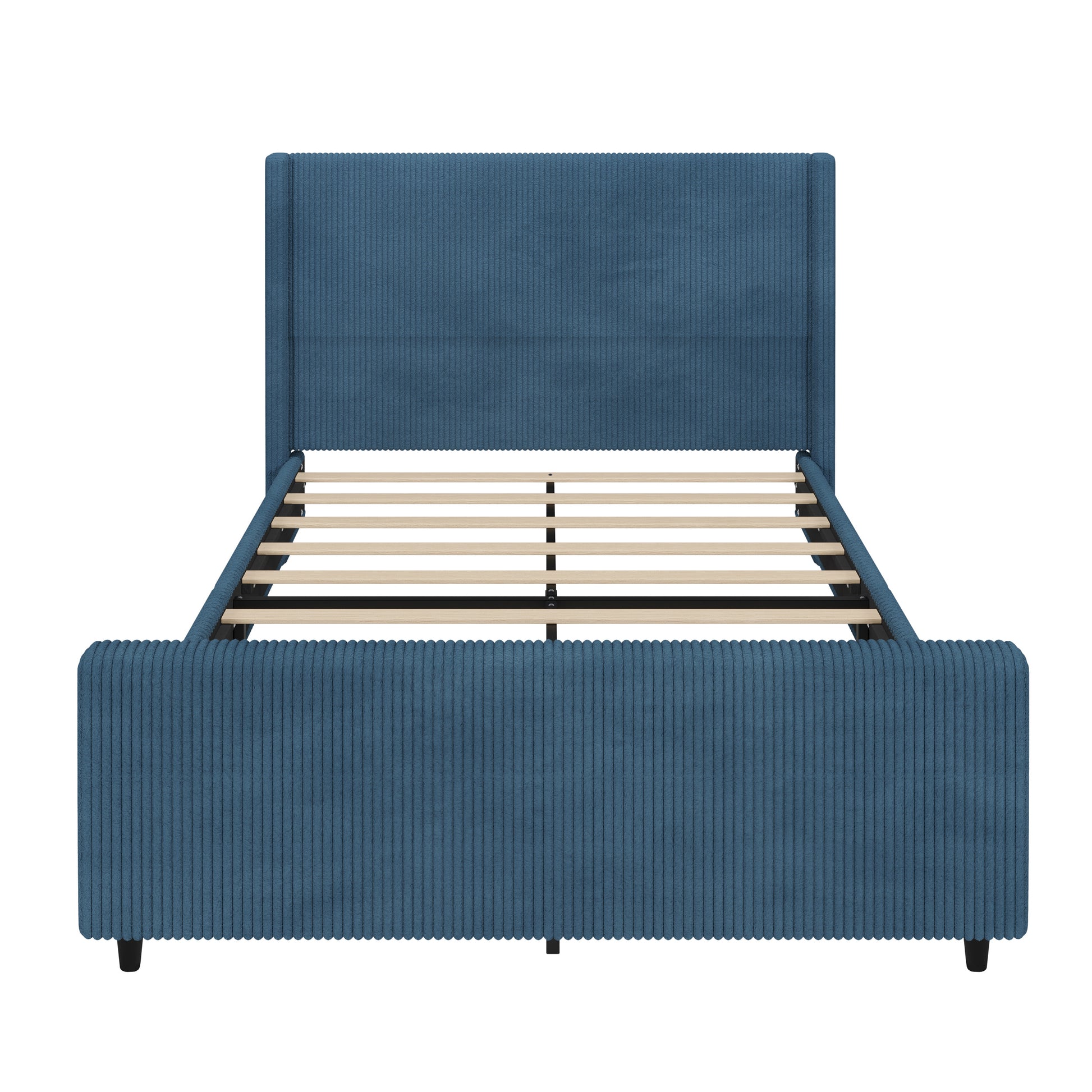 50.7'' High Headboard Corduroy Upholstered Bed Frame With Vertical Stripe Wingback And High Footboard No Box Spring Needed, Queen Size, Blue Box Spring Not Required Queen Blue Wood Bedroom Modern Bed Frame Wood