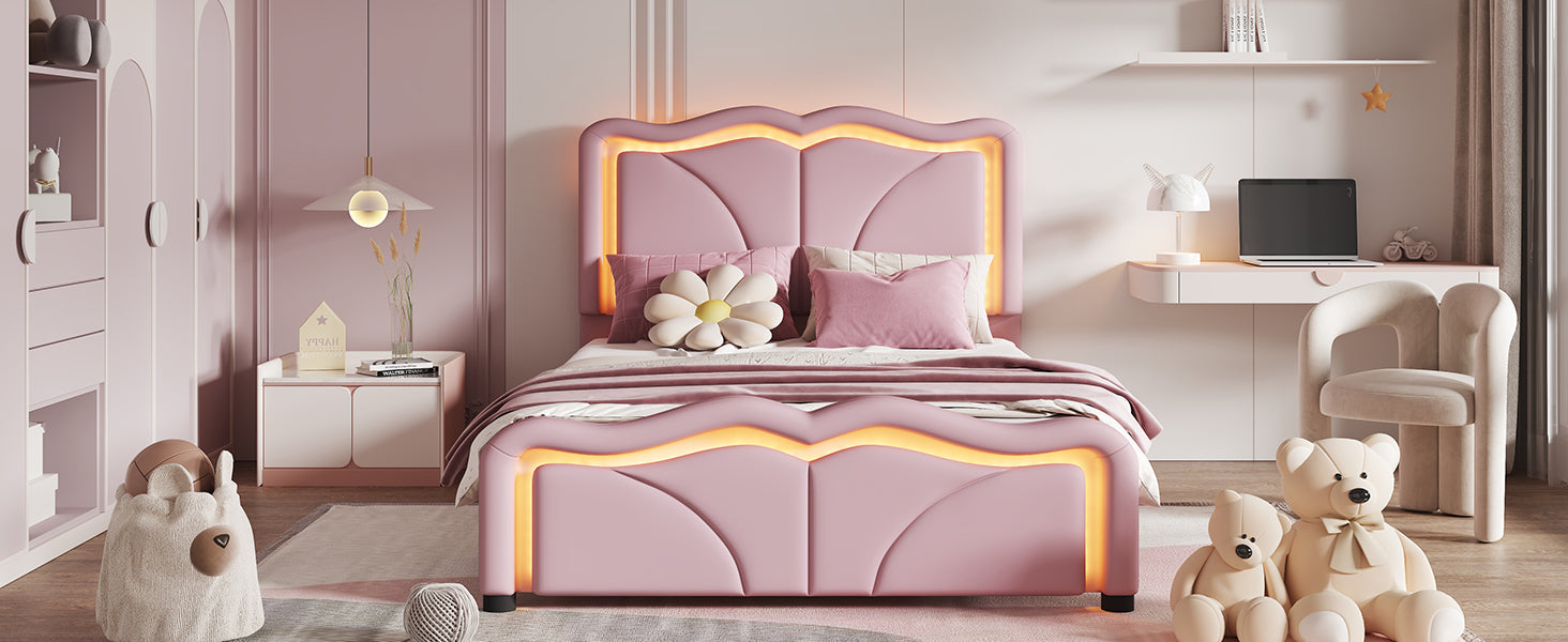 Twin Size Upholstered Platform Bed With Curve Shaped And Height Adjustbale Headboard,Led Light Strips,Pink Twin Pink Upholstered