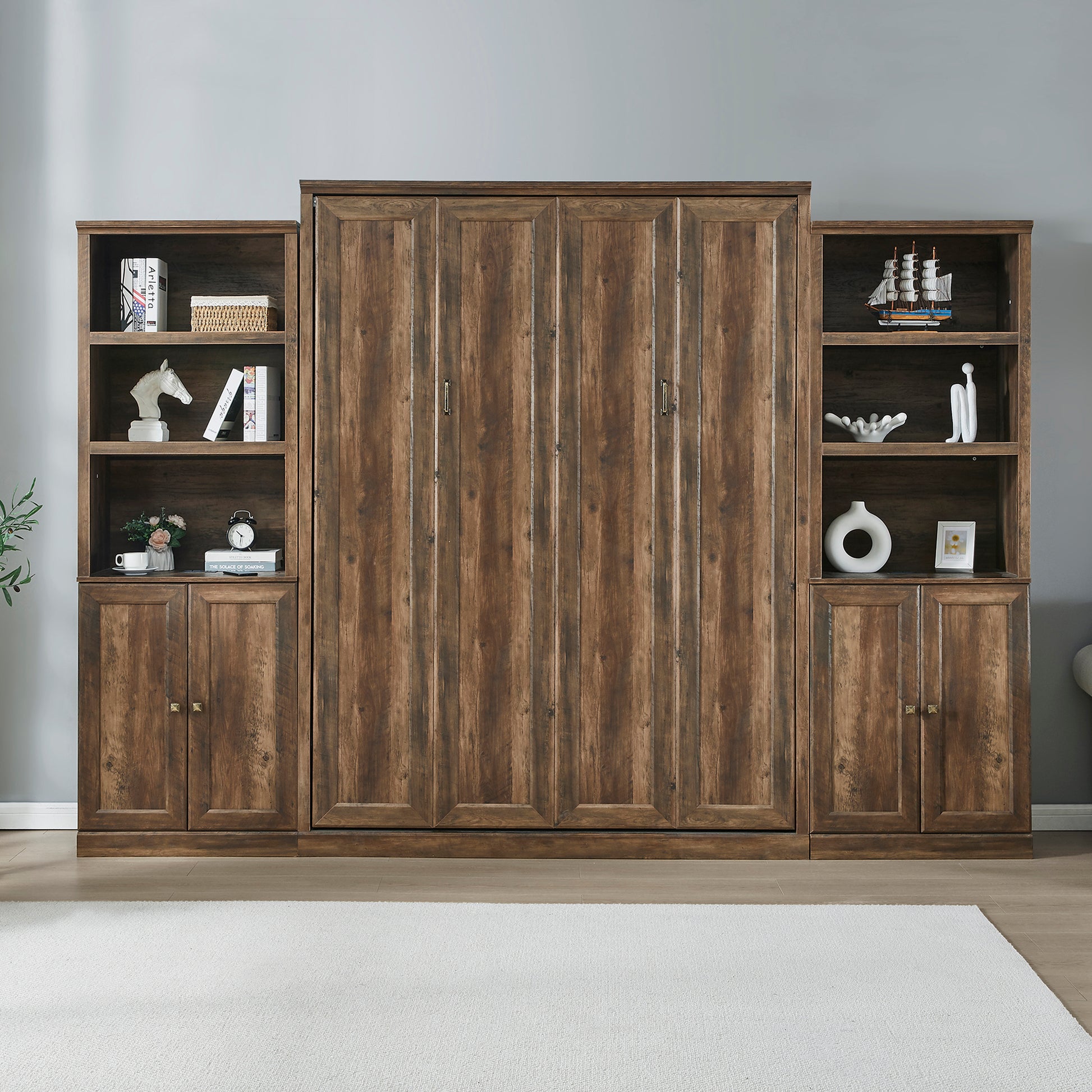 Queen Size Half Self Close And Open Murphy Bed With 2 Side Cabinet Storage Shelf, Cabinet Space Saving Bed Perfect For Guest Room, Bed Room, Guest Room, Home Office, Brown Box Spring Not Required Queen Brown Wood Brown Pine Murphy Solid Wood Mdf