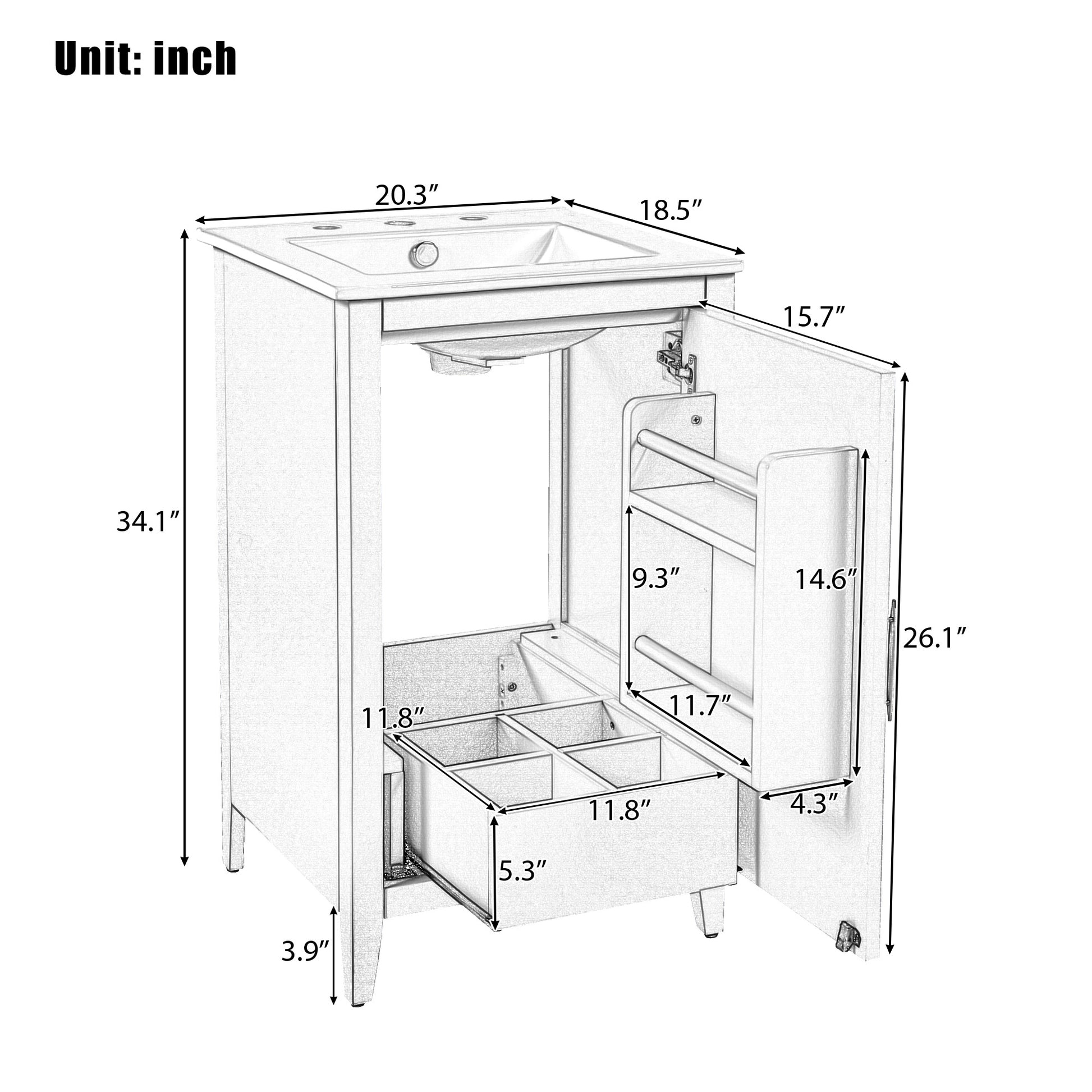 20.3" Bathroom Vanity With Sink, Functional Drawer, Door Shelf, Soft Closing Door, White White Acacia Wood,Ceramic Mdf