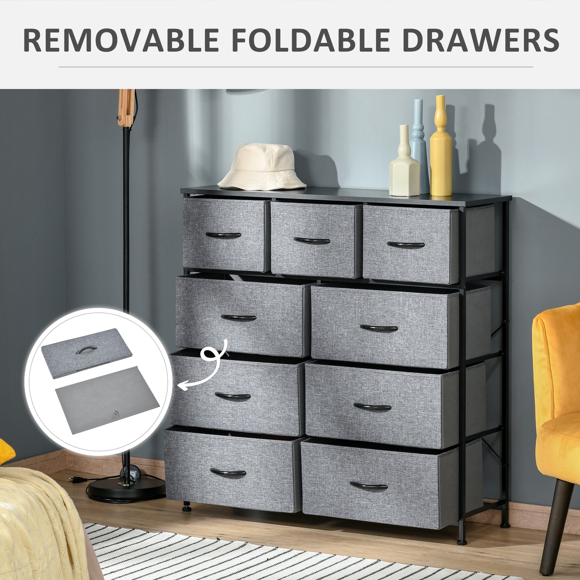 Homcom 9 Drawers Storage Chest Dresser Organizer Unit W Steel Frame, Wood Top, Easy Pull Fabric Bins, For Bedroom, Hallway, Closet, Entryway, Black & Grey Black Grey Polyester