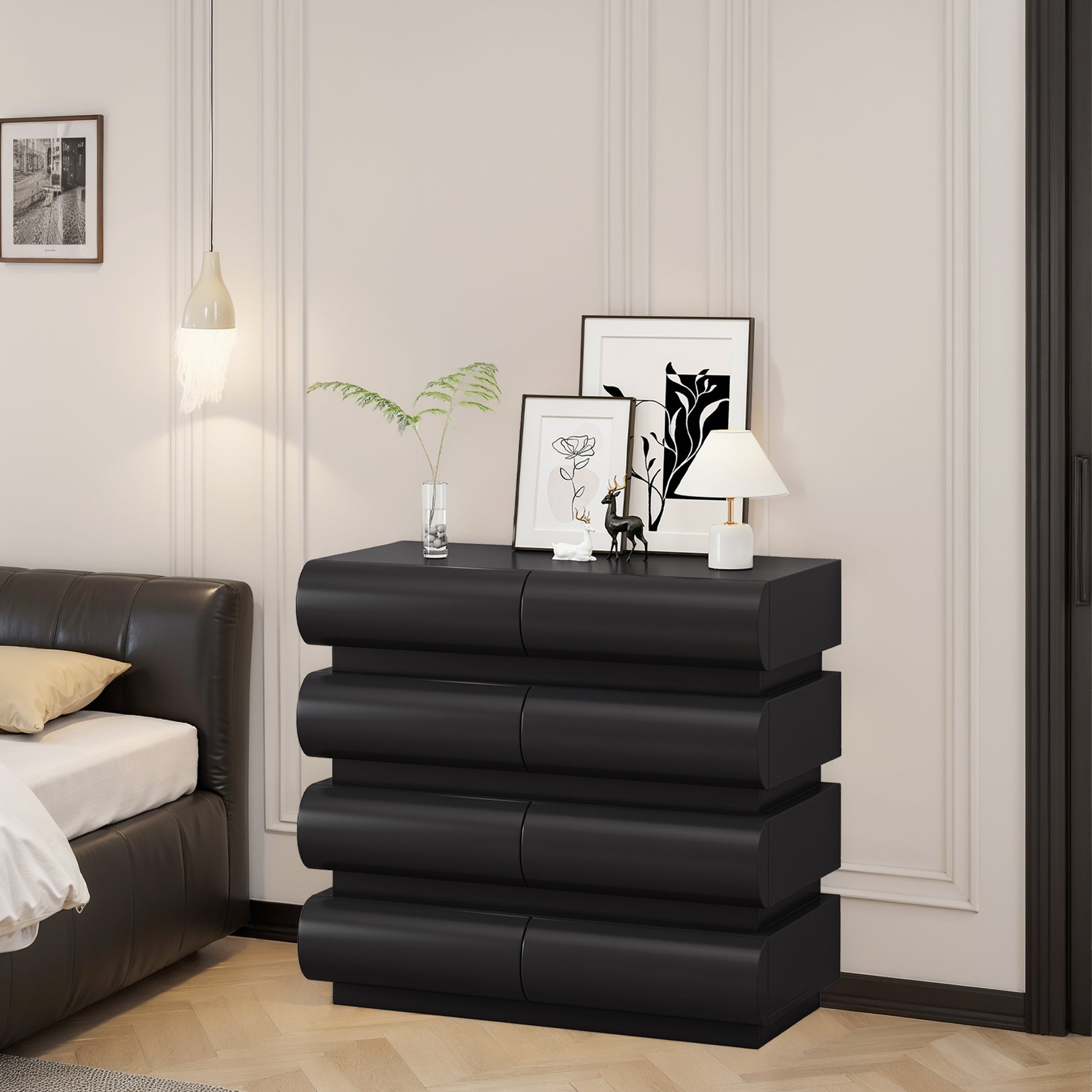 8 Drawer Dresser For Bedroom, Black Dresser No Handle, Modern 8 Chest Of Drawers With Wide Storage Black Mdf