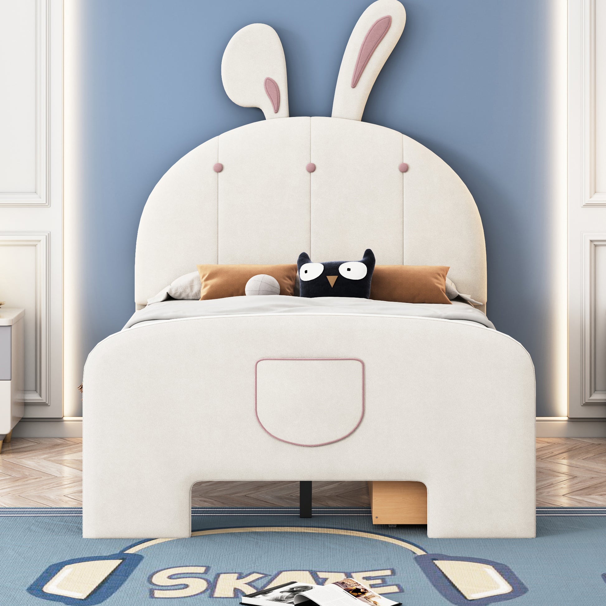 Twin Size Velvet Platform Bed With Rabbit Shaped Headboard, With Drawers, With Bed End Storage Pocket, Beige Twin Beige Plywood