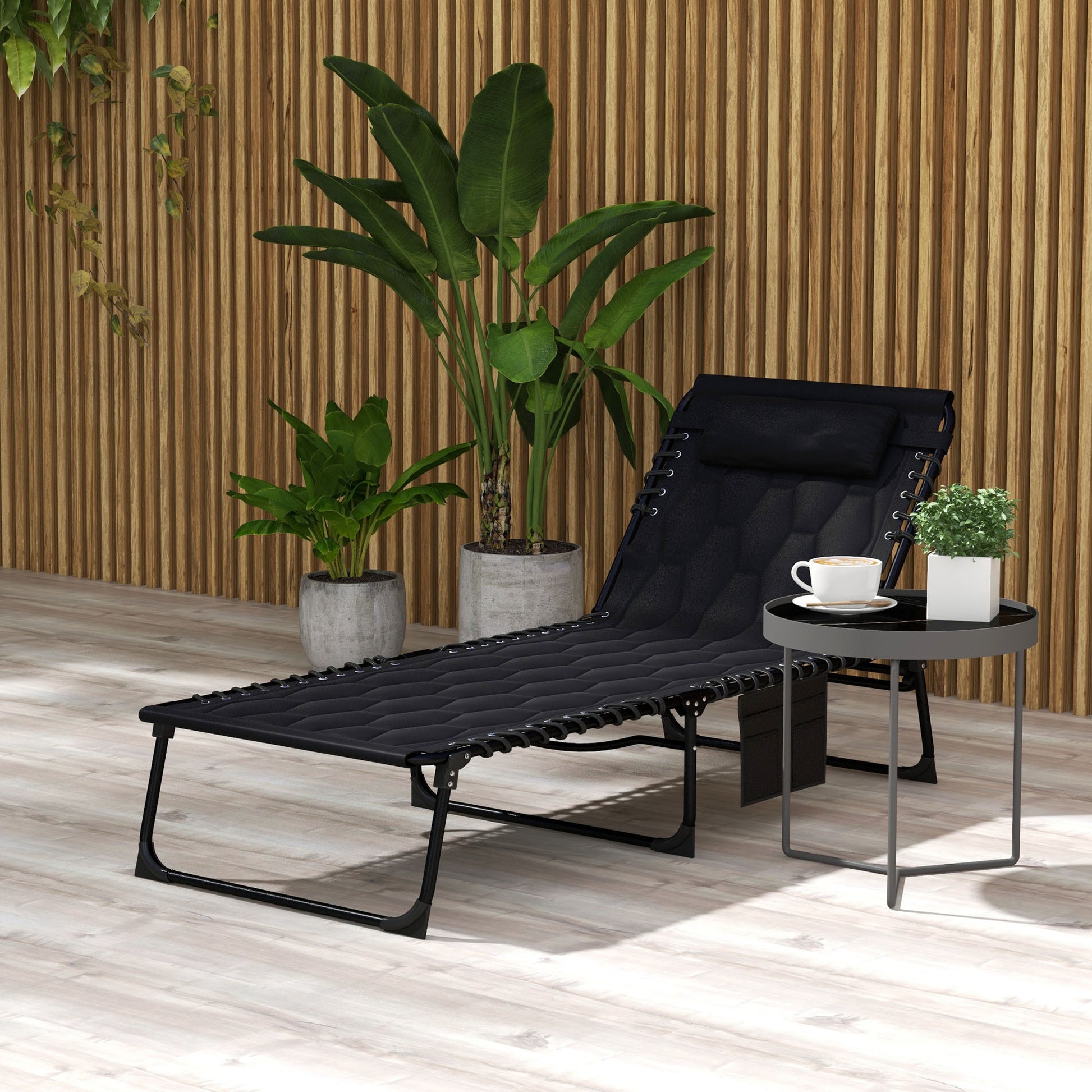 Outsunny Folding Chaise Lounge Set With 5 Level Reclining Back, Outdoor Lounge Tanning Chair With Padded Seat, Side Pocket & Headrest For Beach, Yard, Patio, Black Black Steel