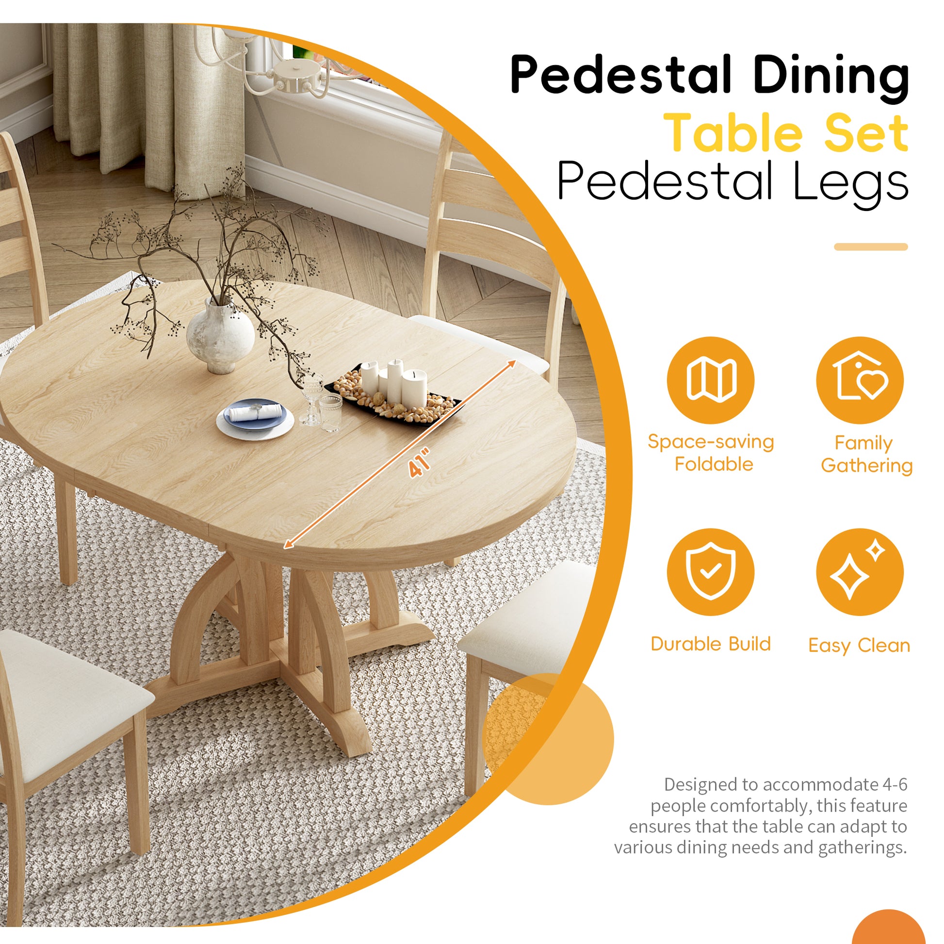 5 Piece Farmhouse Round Pedestal Extending Dining Table Set Extendable Kitchen Table Set With 15.8" Removable Leaf And Ladder Back Dining Chairs For Small Places, Natural Wood Dining Room Extendable Rubberwood Oval Dining Table With Chair Upholstered