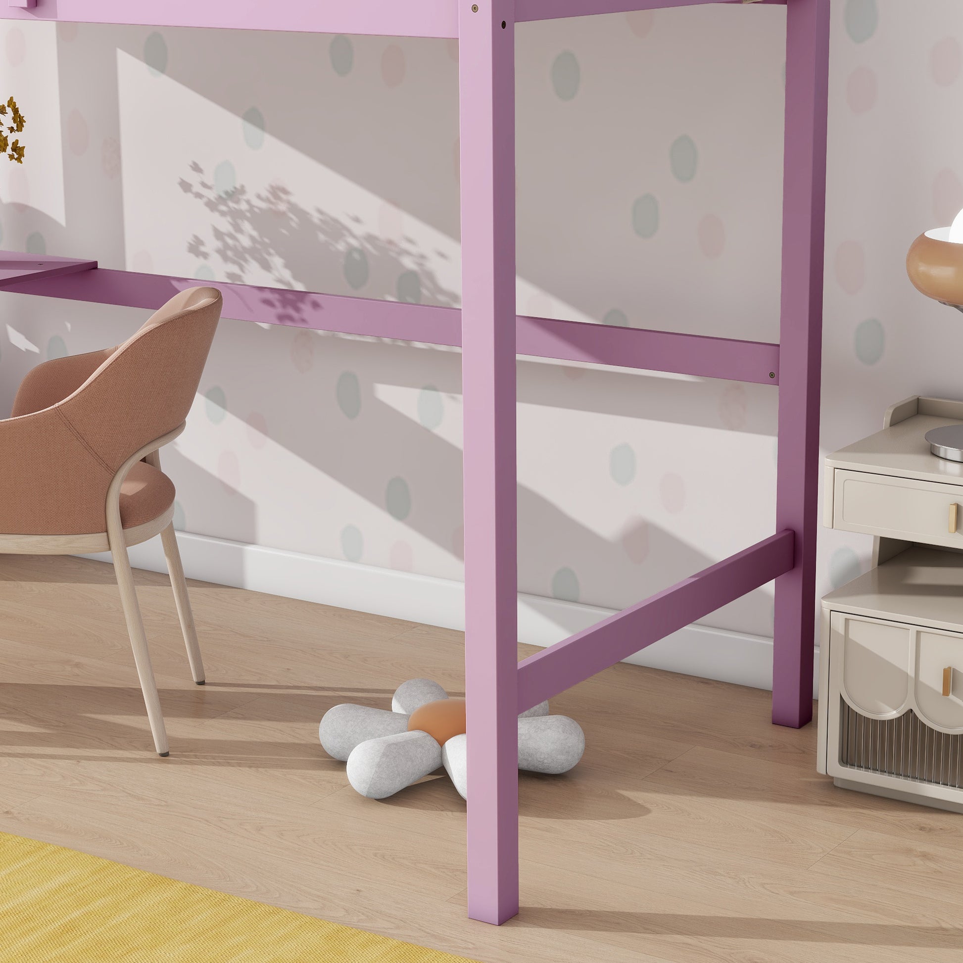 Twin High Loft Bed, Rubber Wood Loft Bed With Safety Guardrail, Built In Desk, Ladder,Pink Twin Pink Abs Rubber Steel Q235 ,Rubber Wood