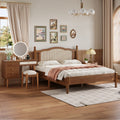 3 Pieces Bedroom Set With Queen Size Wooden Bed Frame, 1 Vintage Nightstand And 1 Makeup Vanity Set With Stool,Walnut Expected Arrival Time: 08.23 Queen Walnut 3 Piece Set Wood