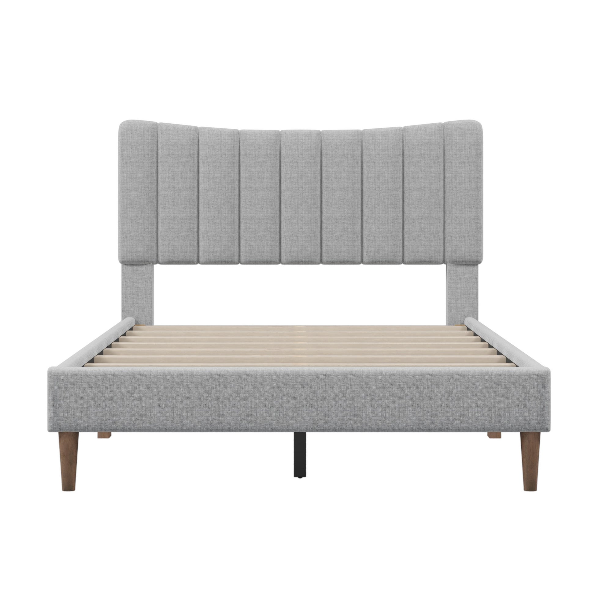 Tripp Modern Full Platform Bed Frame With Channel Tufted Headboard, Gray Full Gray Solid Wood