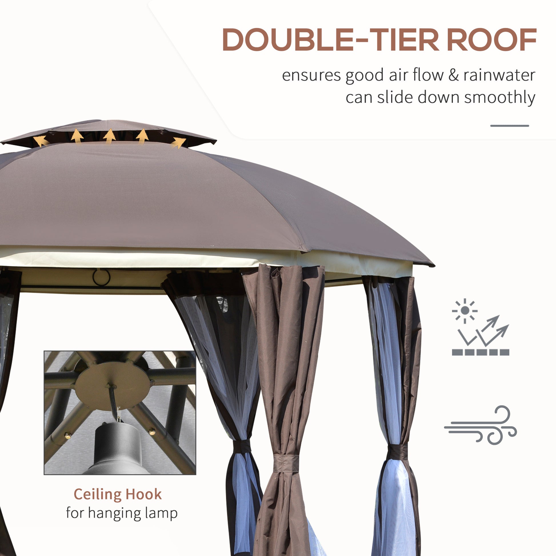 Outsunny 12' X 12' Round Outdoor Gazebo, Patio Dome Gazebo Canopy Shelter With Double Roof, Netting Sidewalls And Curtains, Zippered Doors, Strong Steel Frame, Brown Brown Steel