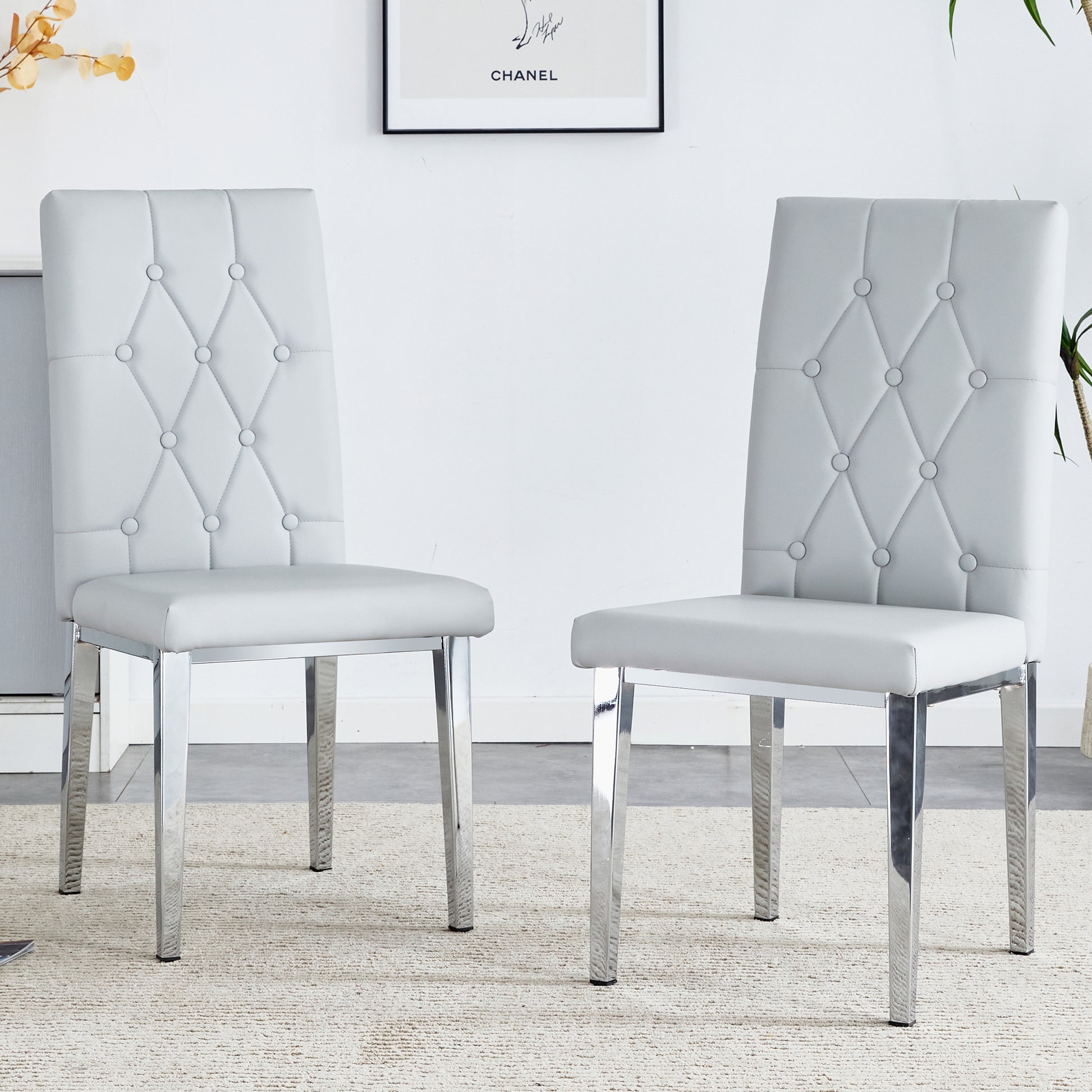 2 Piece Dining Chair, Modern Style Kitchen Upholstered High Back, Metal Leg Office Chair, Suitable For Dining Room, Office, Restaurant. Light Gray Pu