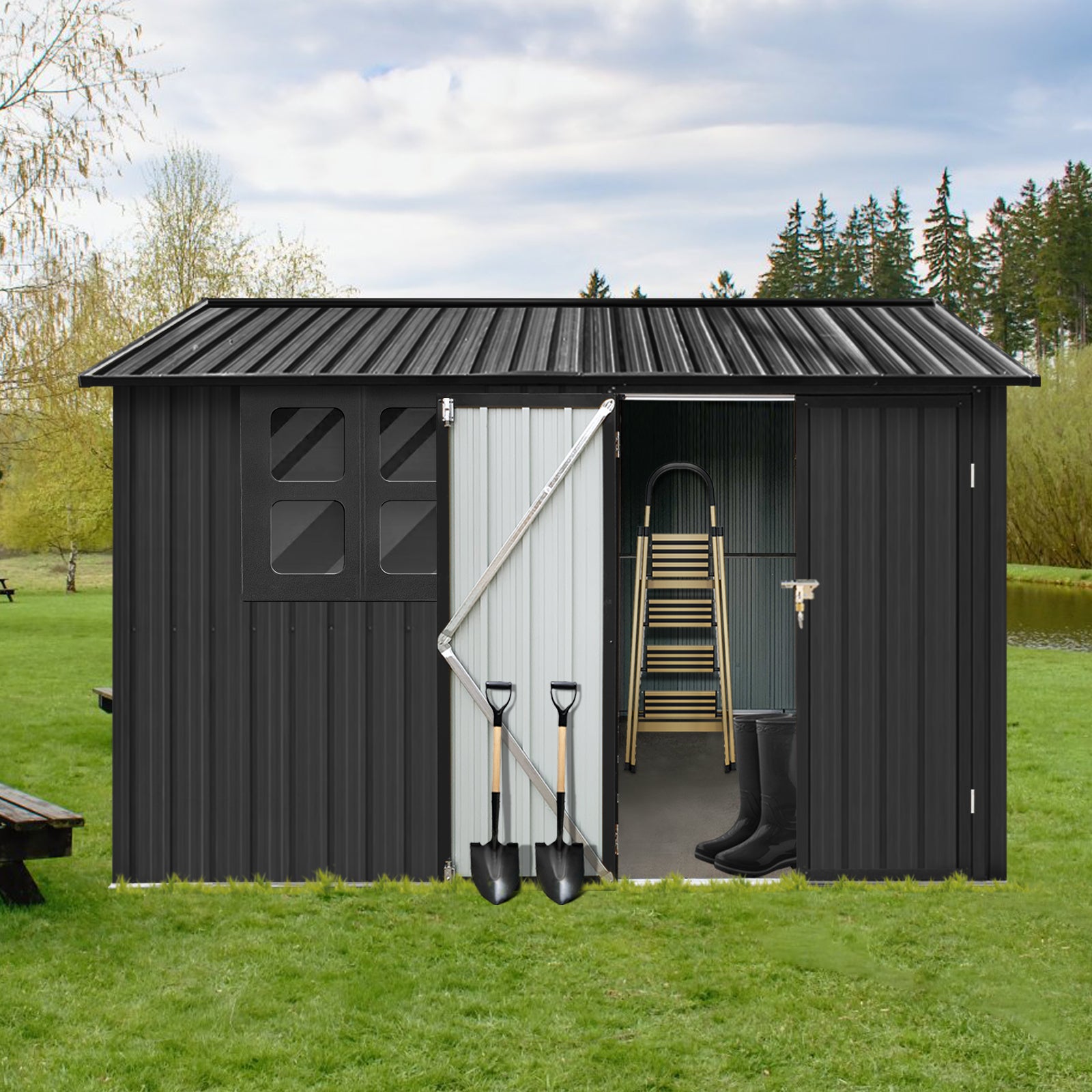 Metal Garden Sheds 6Ftx8Ft Outdoor Black With Window Black Metal