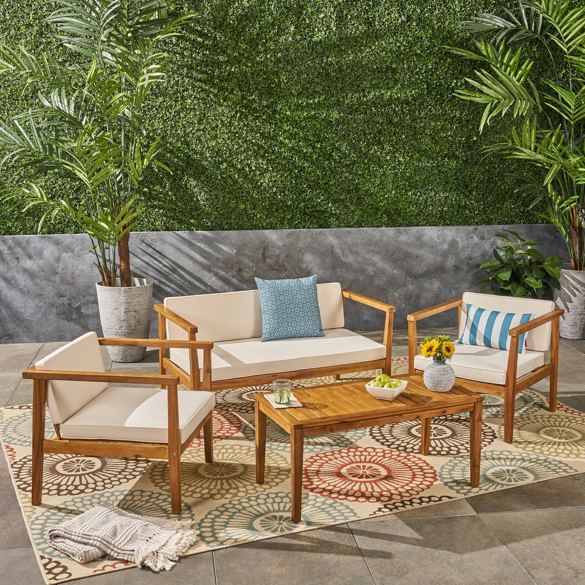 Outdoor 4 Seater Acacia Wood Chat Set With Coffee Table With Cushions, Teak And Beige Beige Acacia Wood