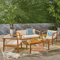 Outdoor 4 Seater Acacia Wood Chat Set With Coffee Table With Cushions, Teak And Beige Beige Acacia Wood